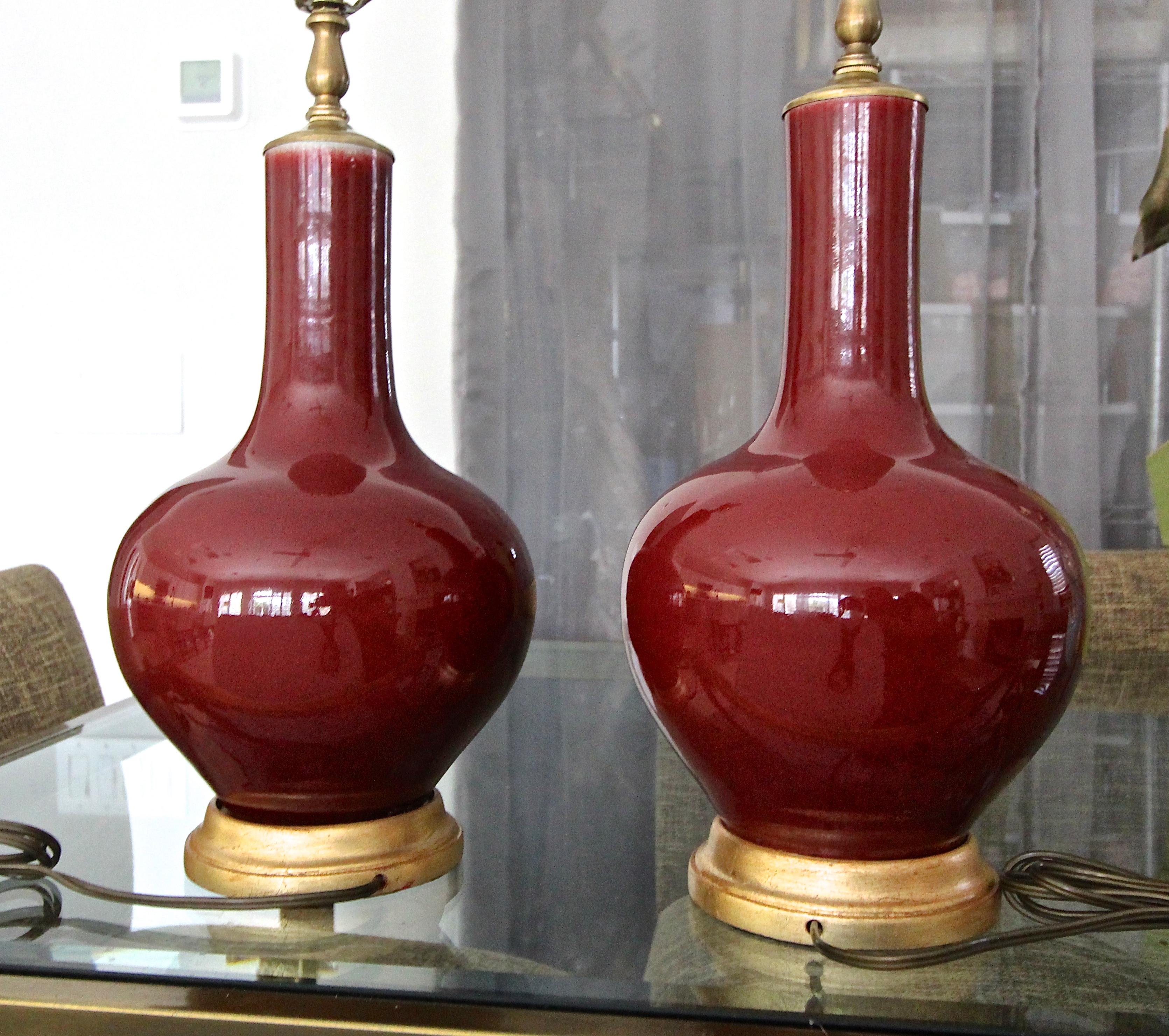Pair Chinese Sang De Boeuf Oxblood Glazed Porcelain Table Lamps 5