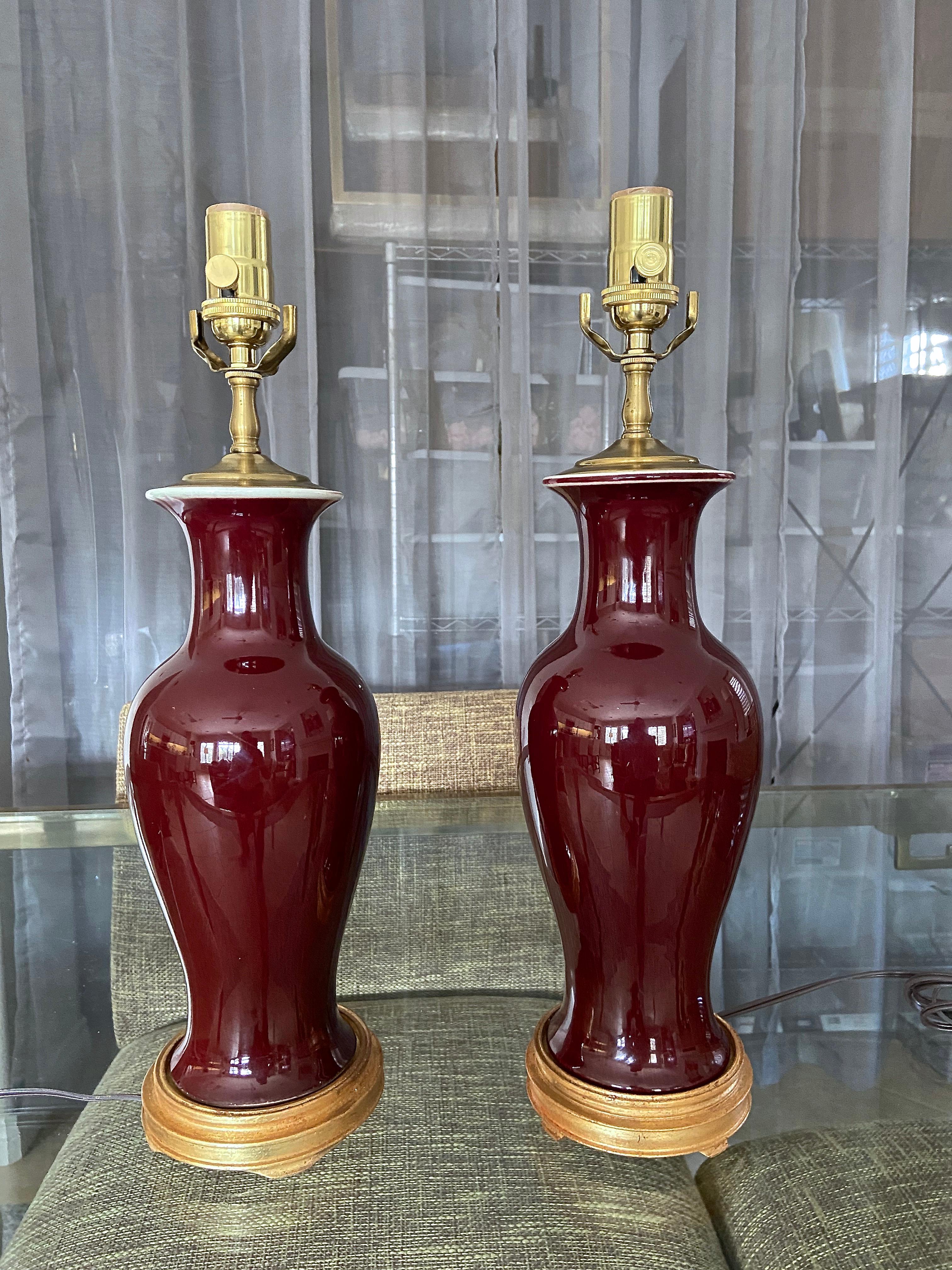 Pair of Chinese Sang De Boeuf Oxblood Glazed Porcelain Table Lamps 5