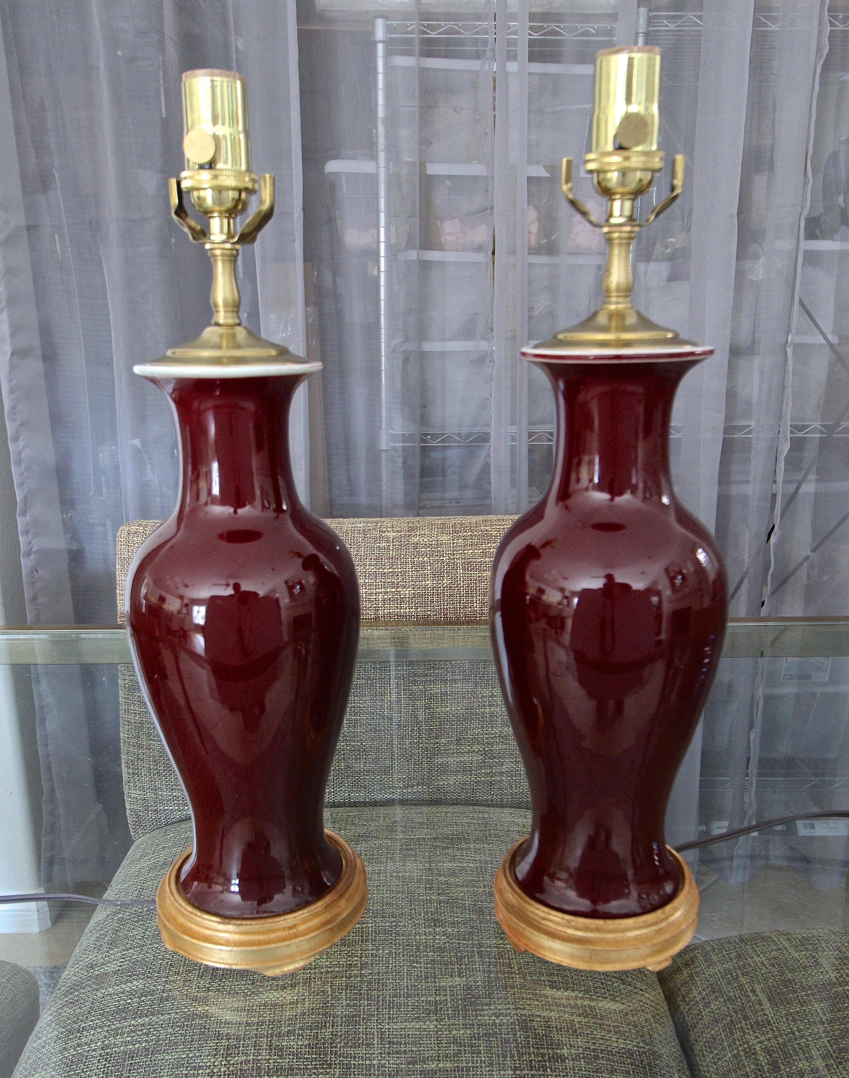 Pair of Chinese Sang De Boeuf Oxblood Glazed Porcelain Table Lamps 6