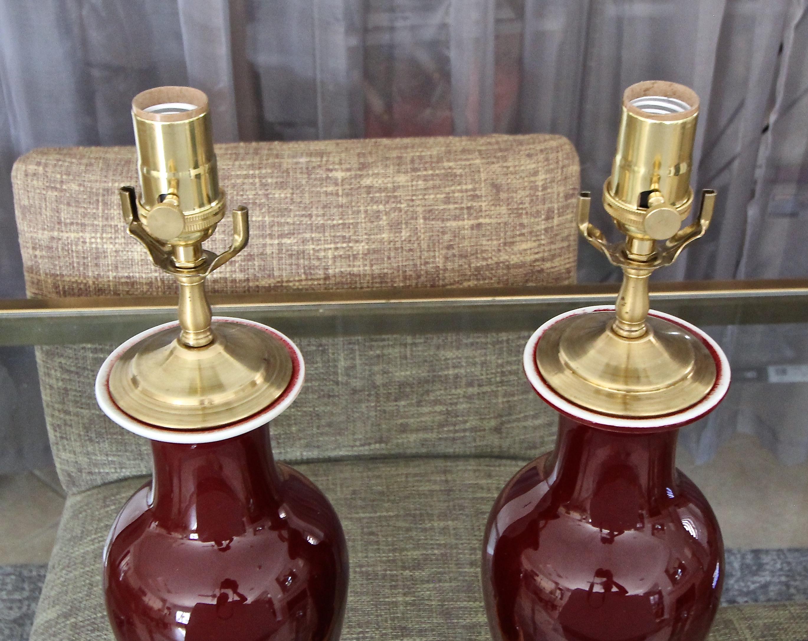 Pair of Chinese Sang De Boeuf Oxblood Glazed Porcelain Table Lamps 9