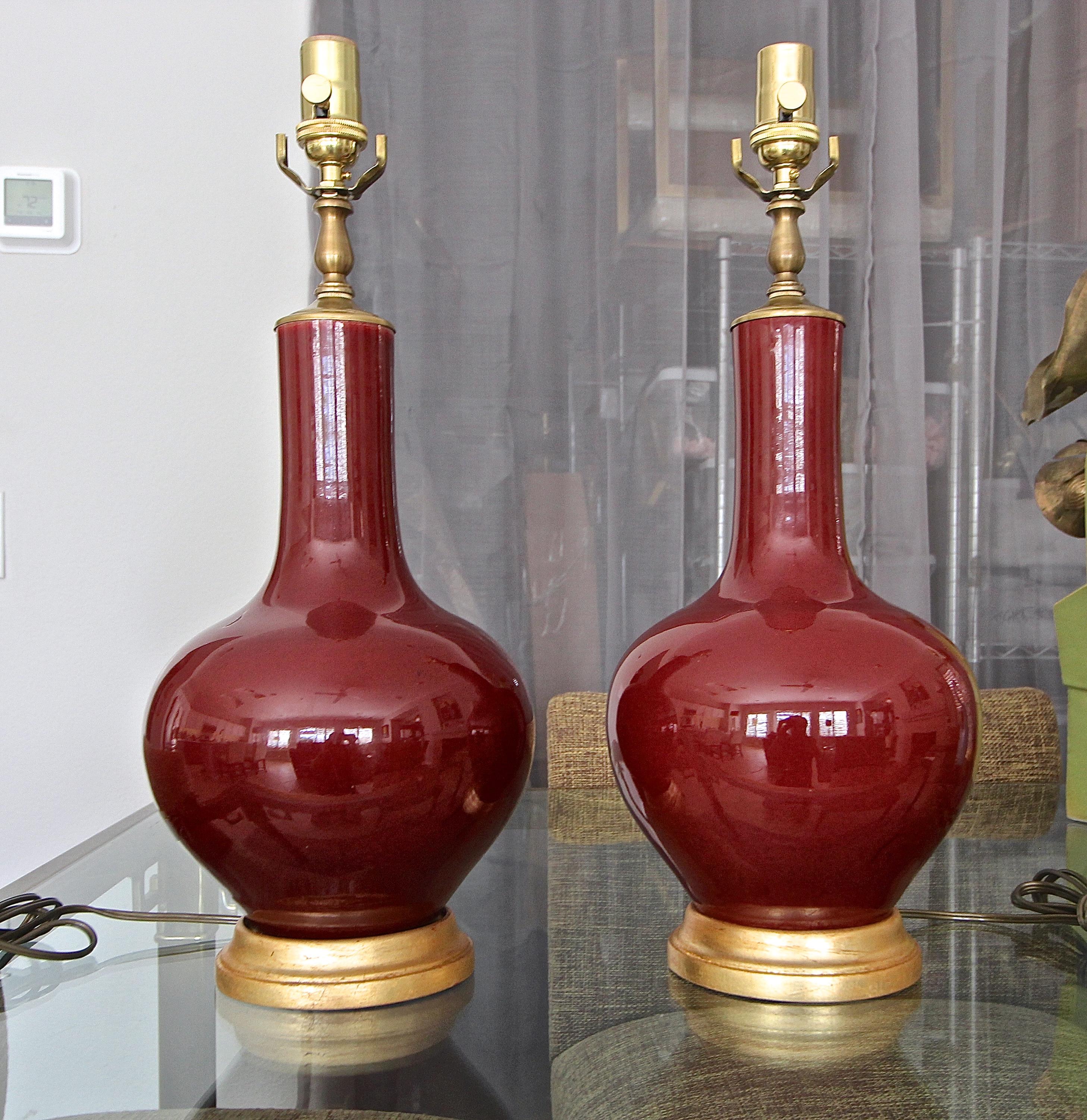 Pair Chinese Sang De Boeuf Oxblood Glazed Porcelain Table Lamps 13