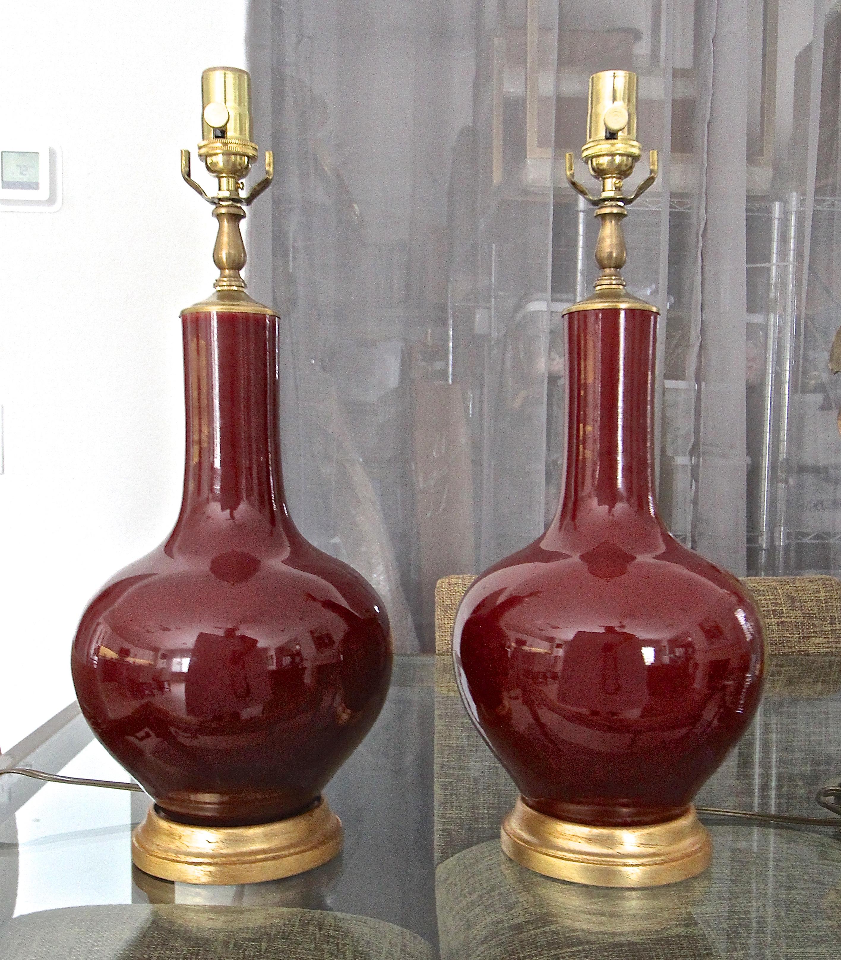 Pair Chinese Sang De Boeuf Oxblood Glazed Porcelain Table Lamps In Excellent Condition In Palm Springs, CA