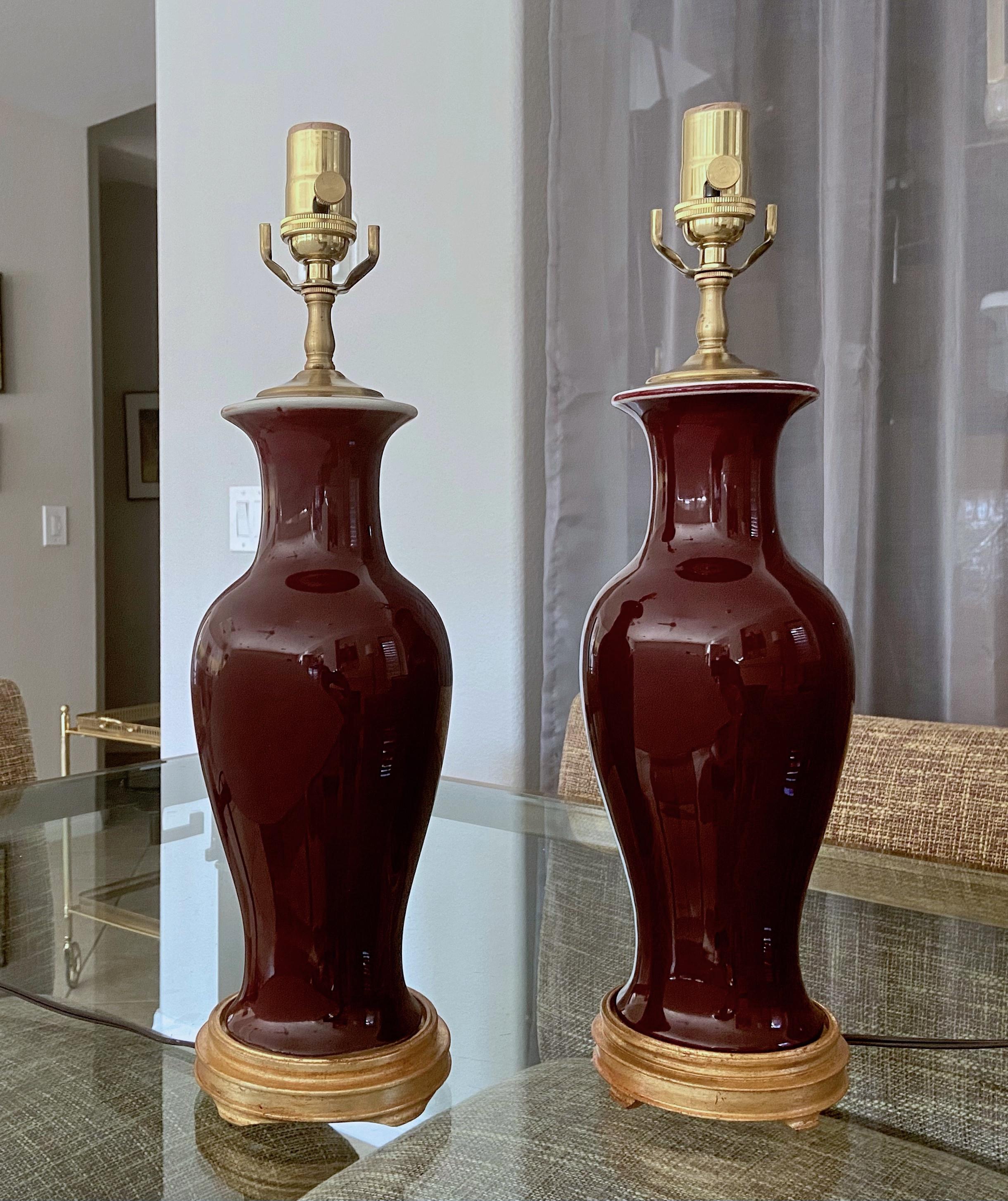 Pair of Chinese Sang De Boeuf Oxblood Glazed Porcelain Table Lamps In Good Condition In Palm Springs, CA