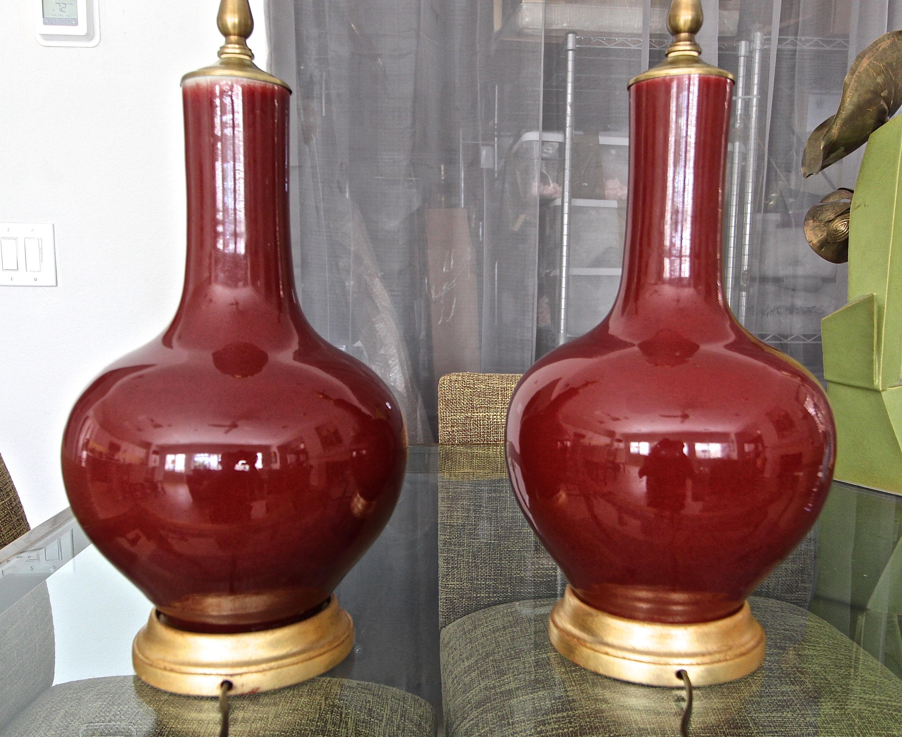 Mid-20th Century Pair Chinese Sang De Boeuf Oxblood Glazed Porcelain Table Lamps