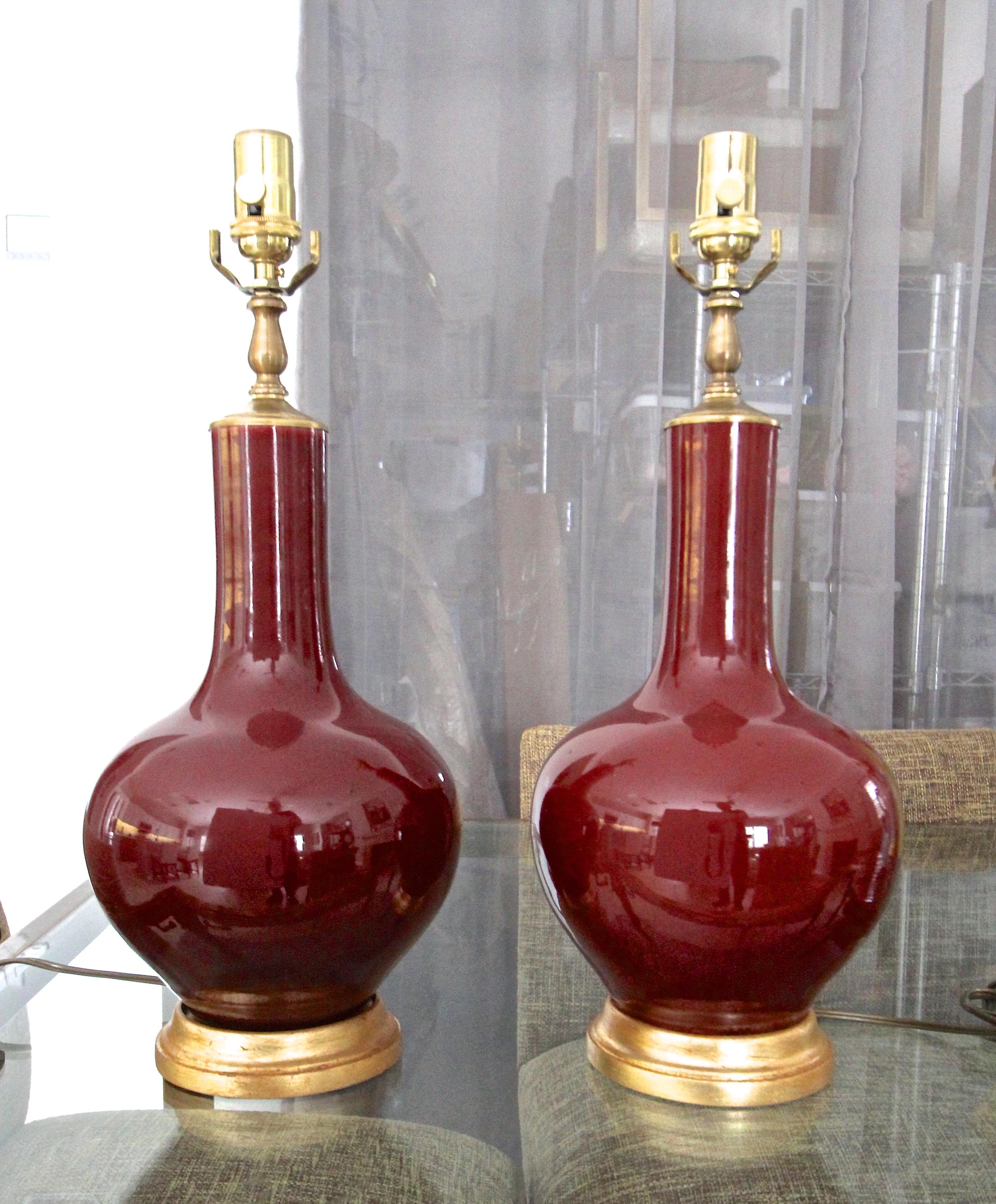 Brass Pair Chinese Sang De Boeuf Oxblood Glazed Porcelain Table Lamps