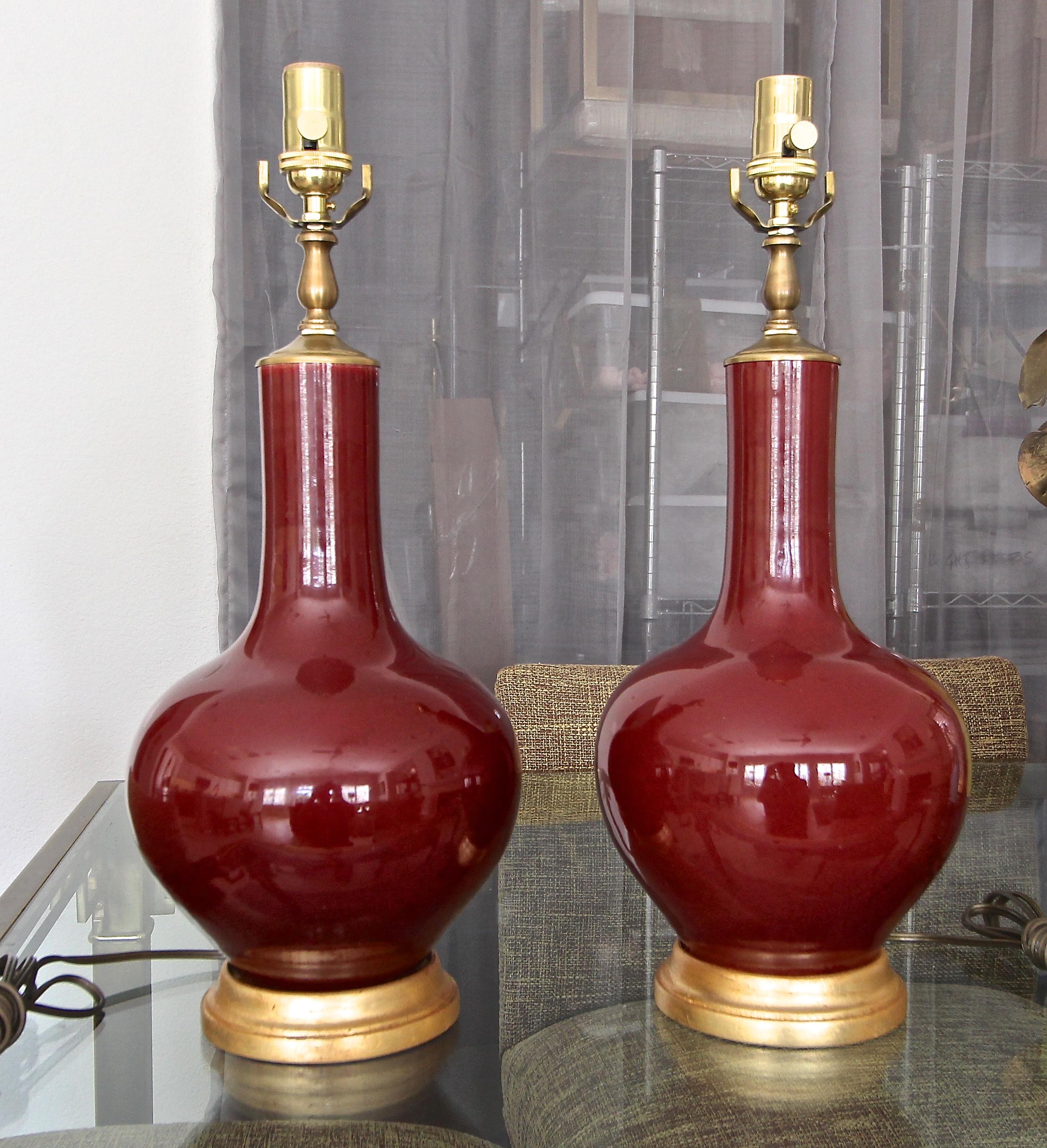 Pair Chinese Sang De Boeuf Oxblood Glazed Porcelain Table Lamps 1