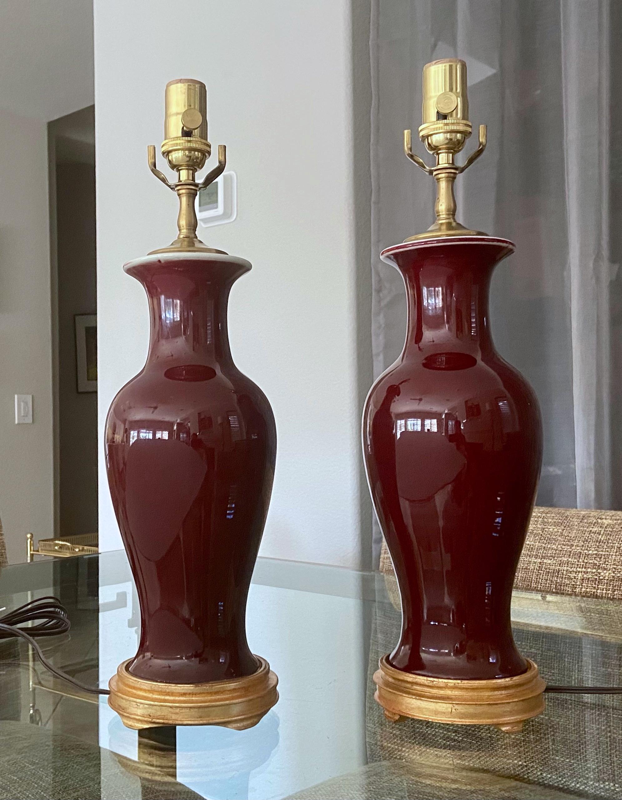 Pair of Chinese Sang De Boeuf Oxblood Glazed Porcelain Table Lamps 1