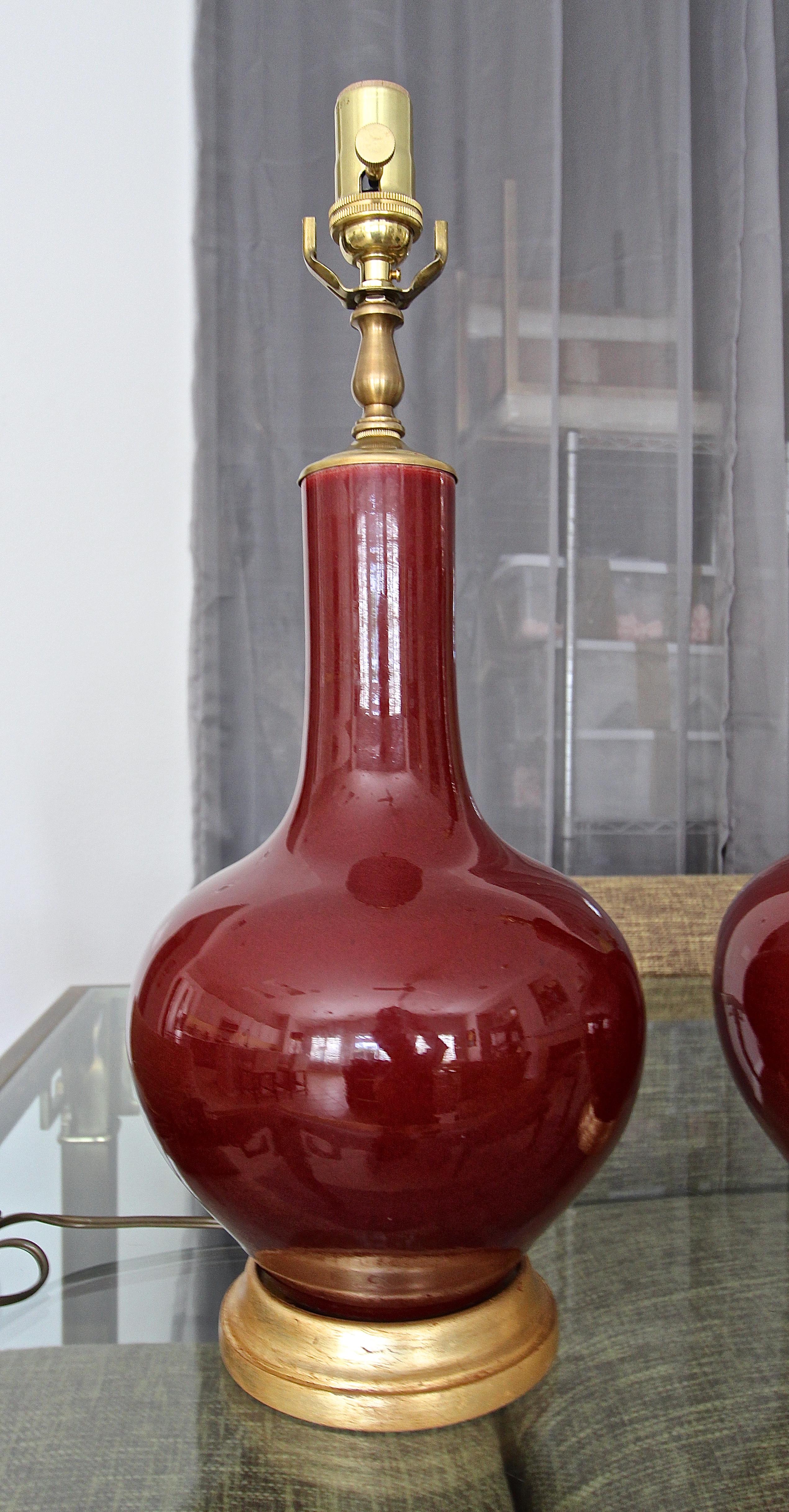 Pair Chinese Sang De Boeuf Oxblood Glazed Porcelain Table Lamps 2