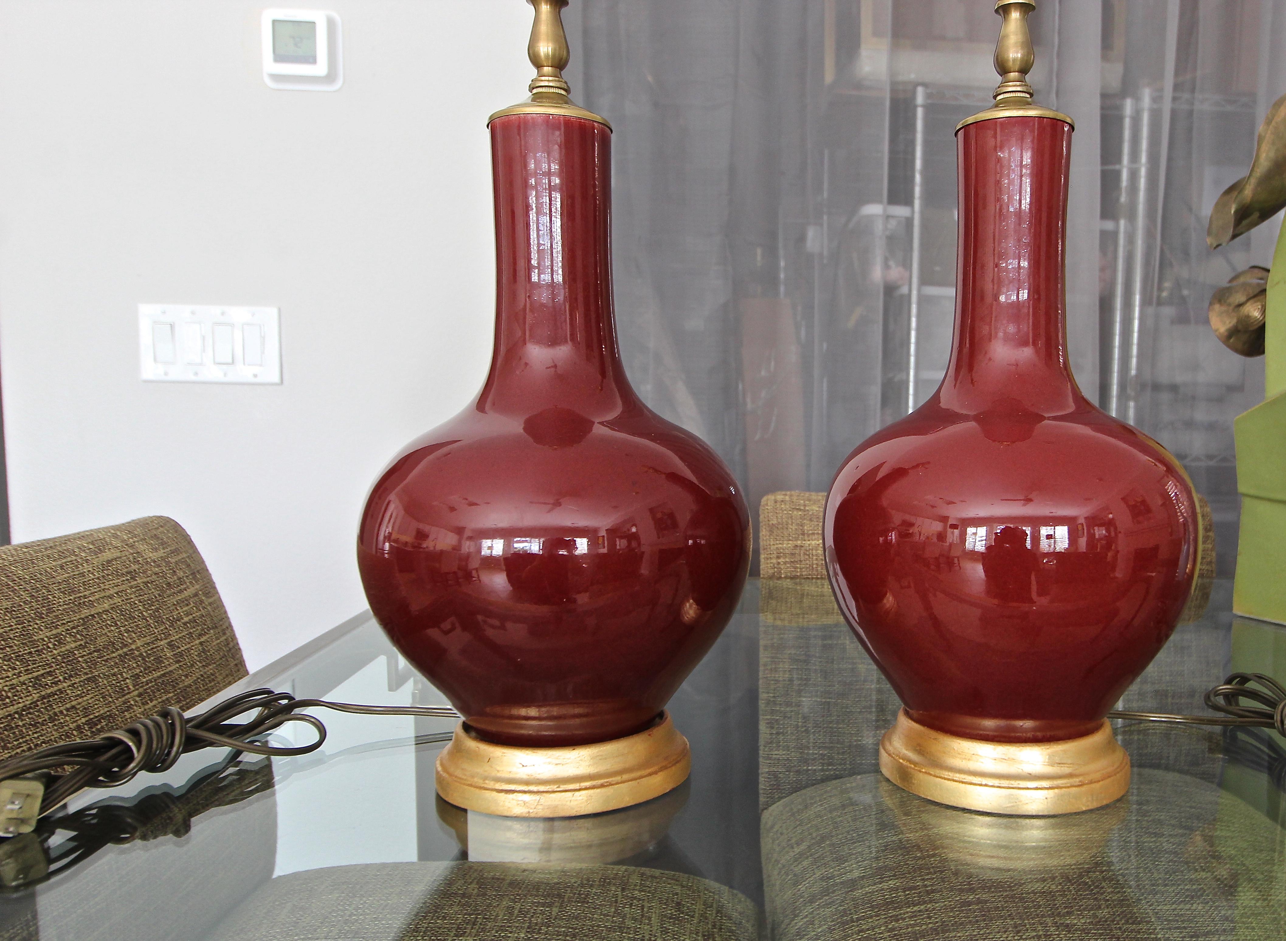 Pair Chinese Sang De Boeuf Oxblood Glazed Porcelain Table Lamps 3