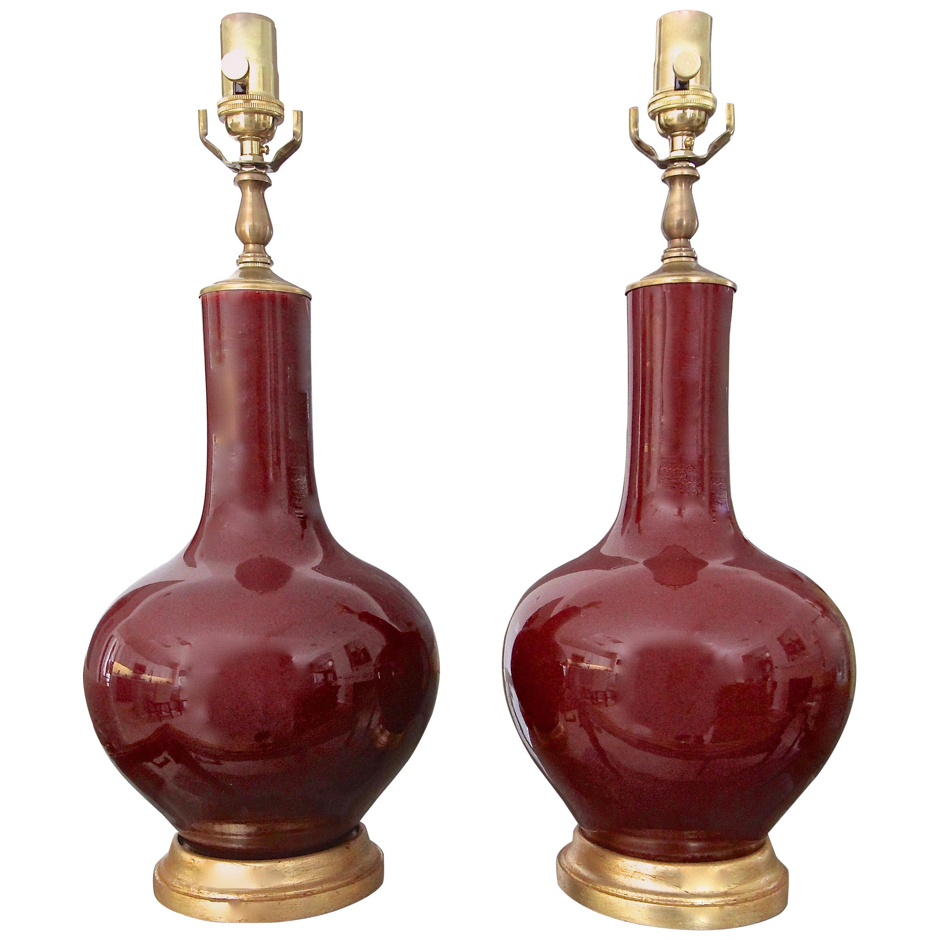 Pair Chinese Sang De Boeuf Oxblood Glazed Porcelain Table Lamps