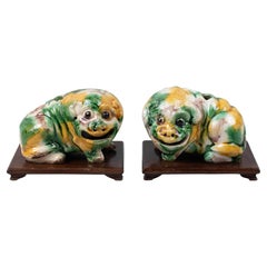 Pair Antique Chinese Stoneware Shar Pei Puppy Figures with Sancai Glaze Ca. 1860