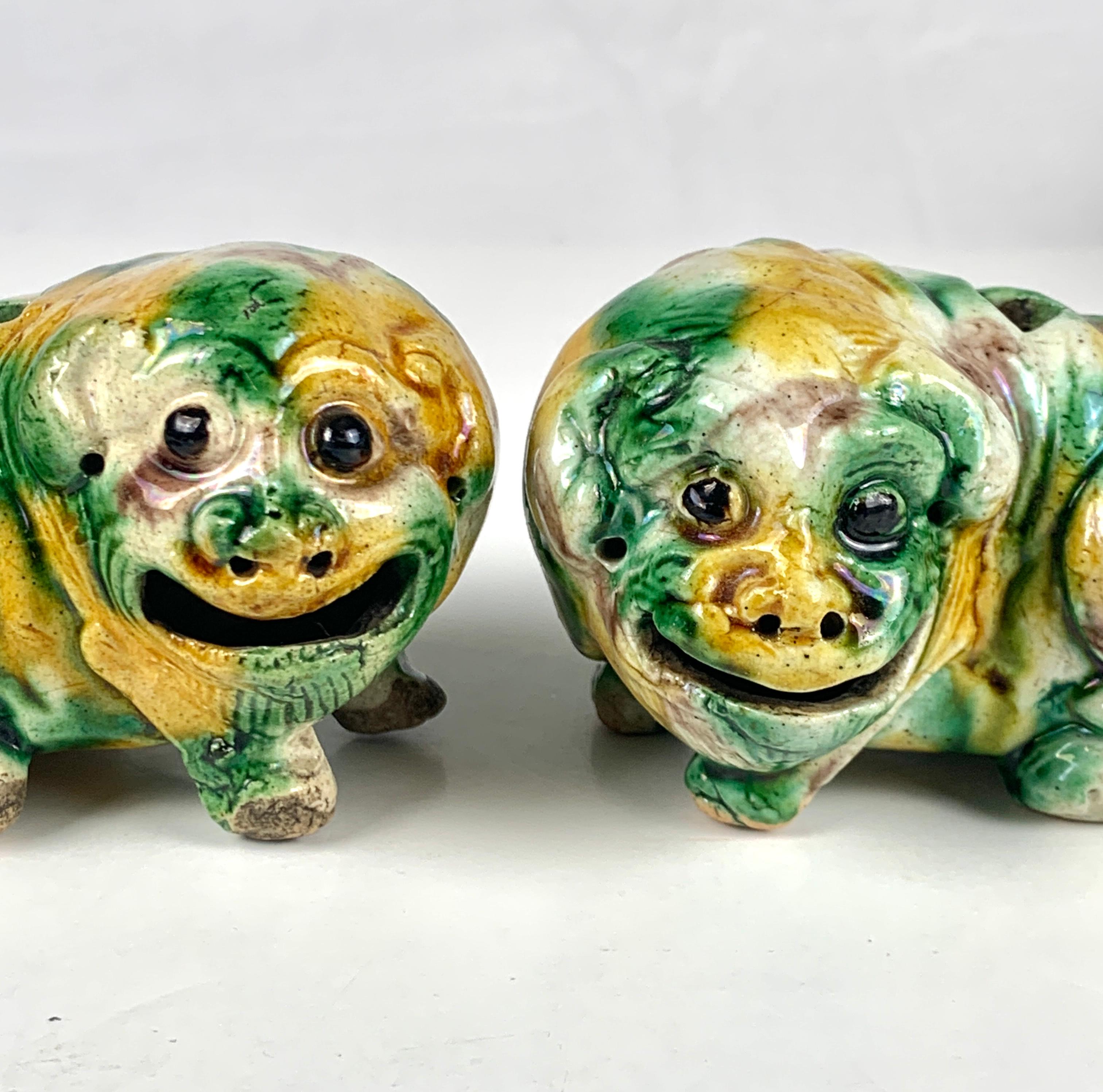 Qing Pair Chinese Shar Pei Puppies Hand Painted Sancai Glaze, circa 1860 For Sale
