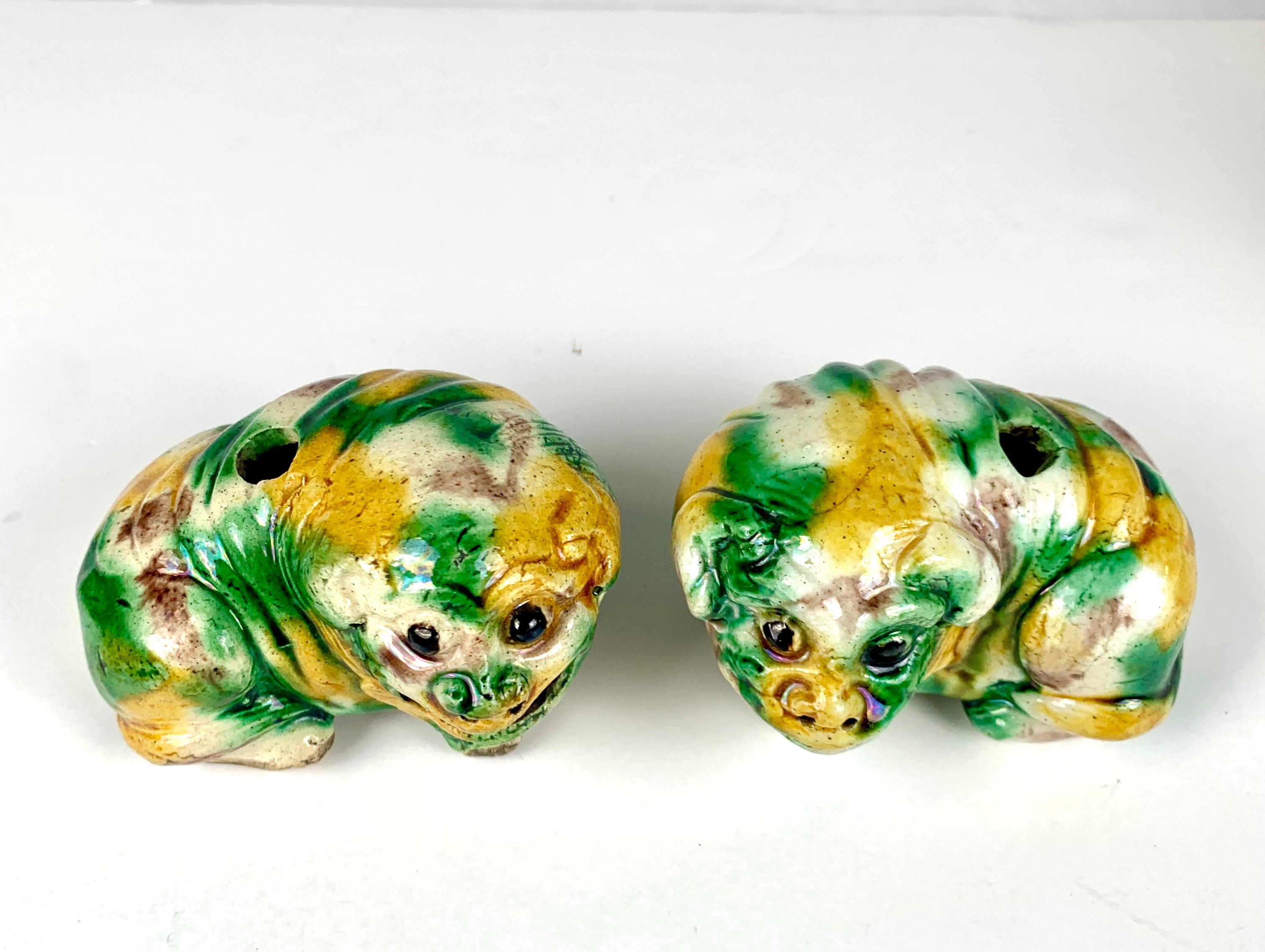 Hand-Painted Pair Chinese Shar Pei Puppies Hand Painted Sancai Glaze, circa 1860 For Sale