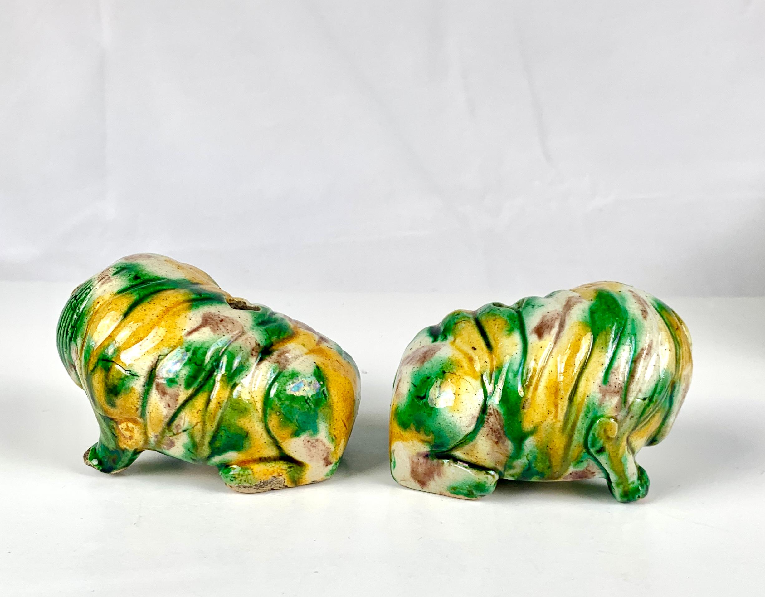 Pair Chinese Shar Pei Puppies Hand Painted Sancai Glaze, circa 1860 In Excellent Condition For Sale In Katonah, NY