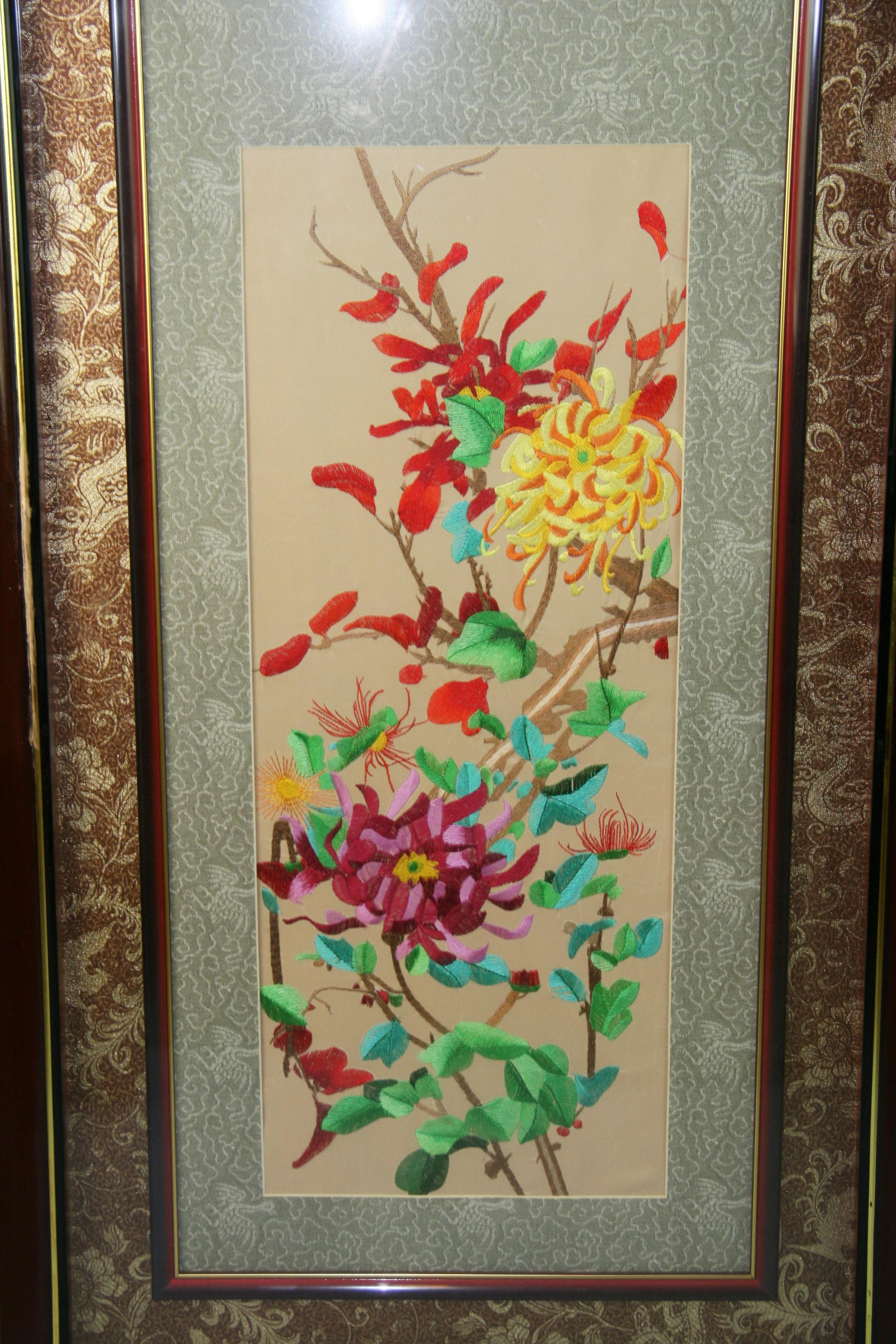 Pair Chinese Silk Foral Panels For Sale 5