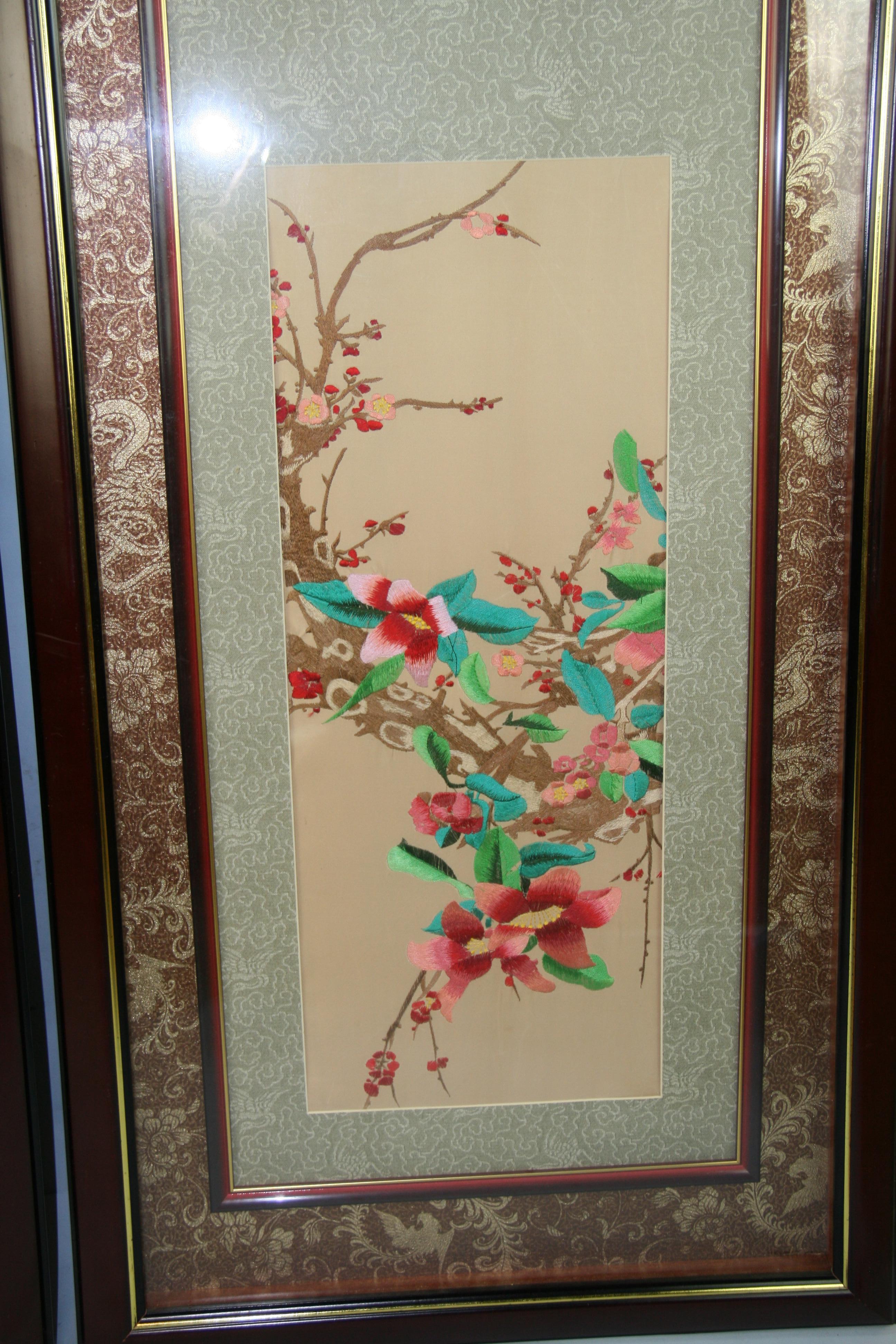Pair Chinese Silk Foral Panels For Sale 8