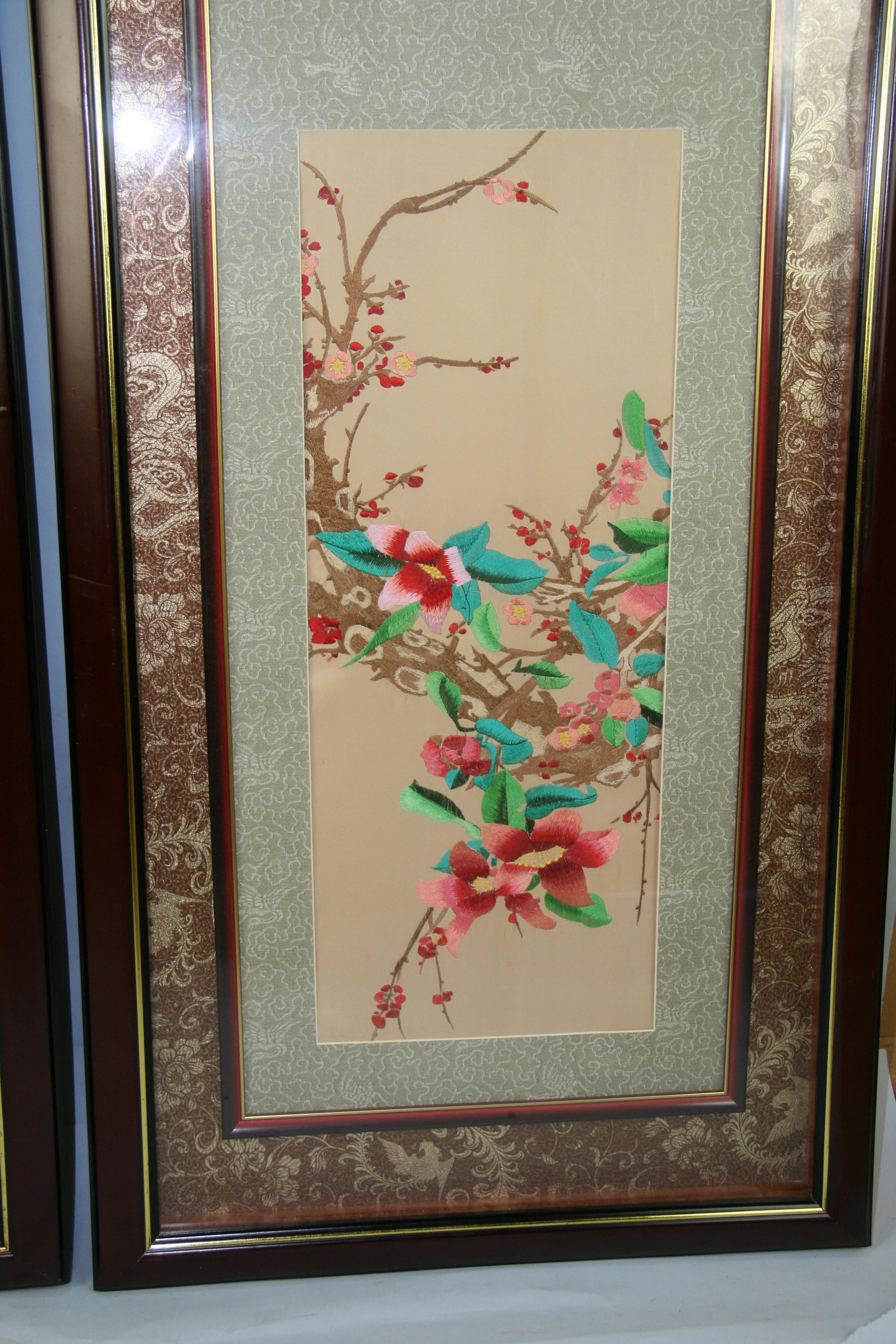 Pair Chinese Silk Foral Panels For Sale 9