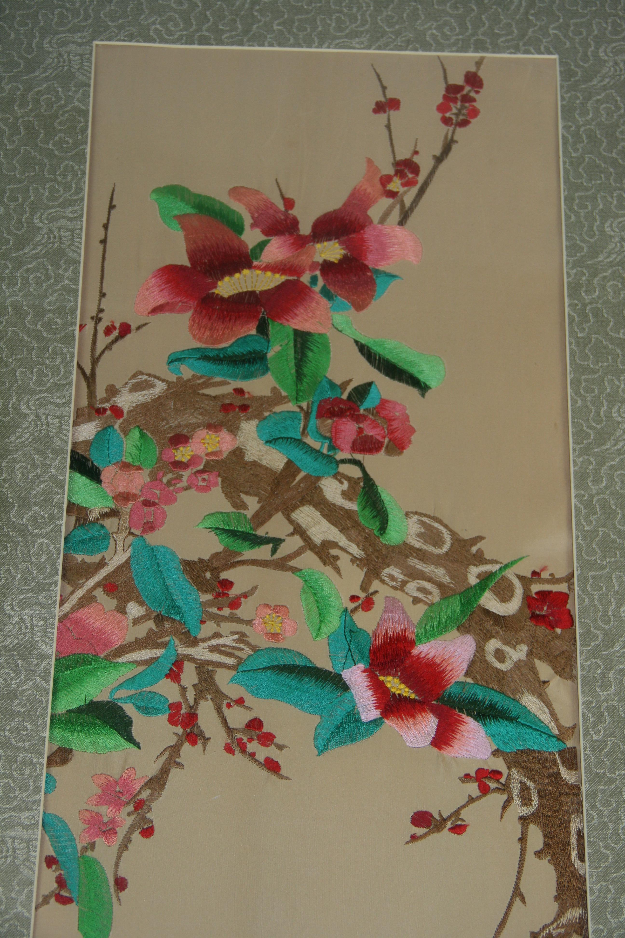 Pair Chinese Silk Foral Panels For Sale 11
