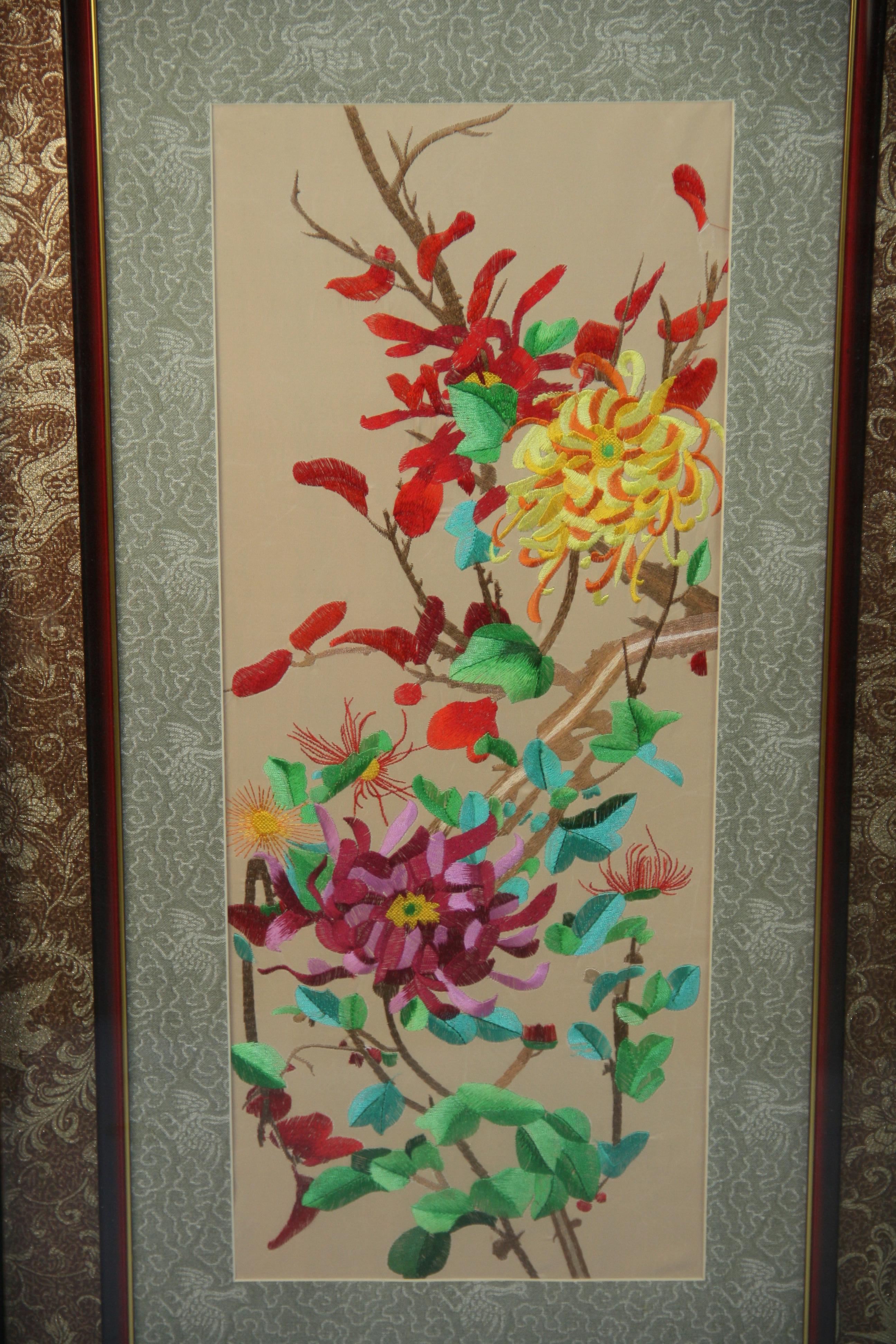 Pair Chinese Silk Foral Panels For Sale 1