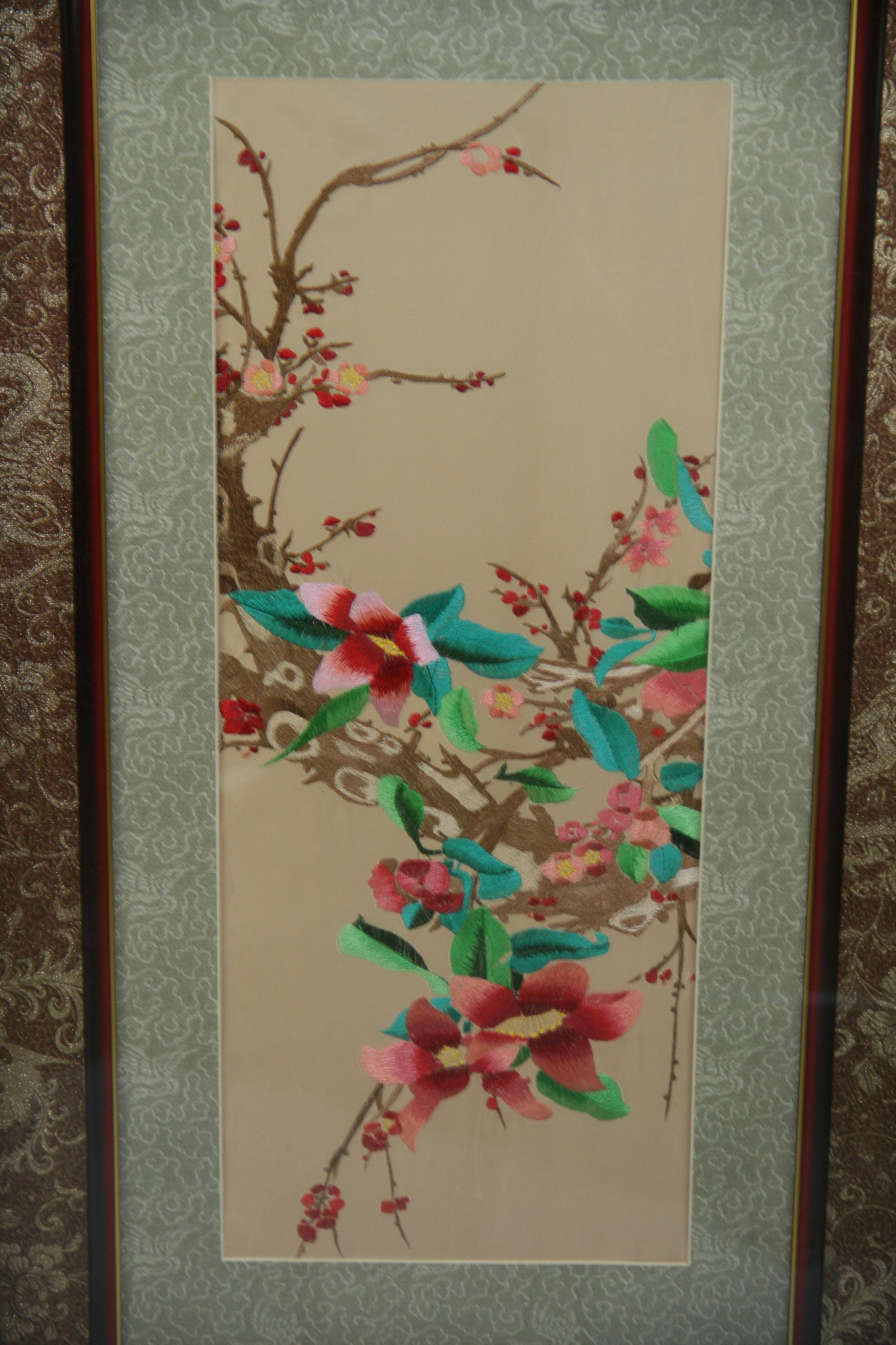 Pair Chinese Silk Foral Panels For Sale 2