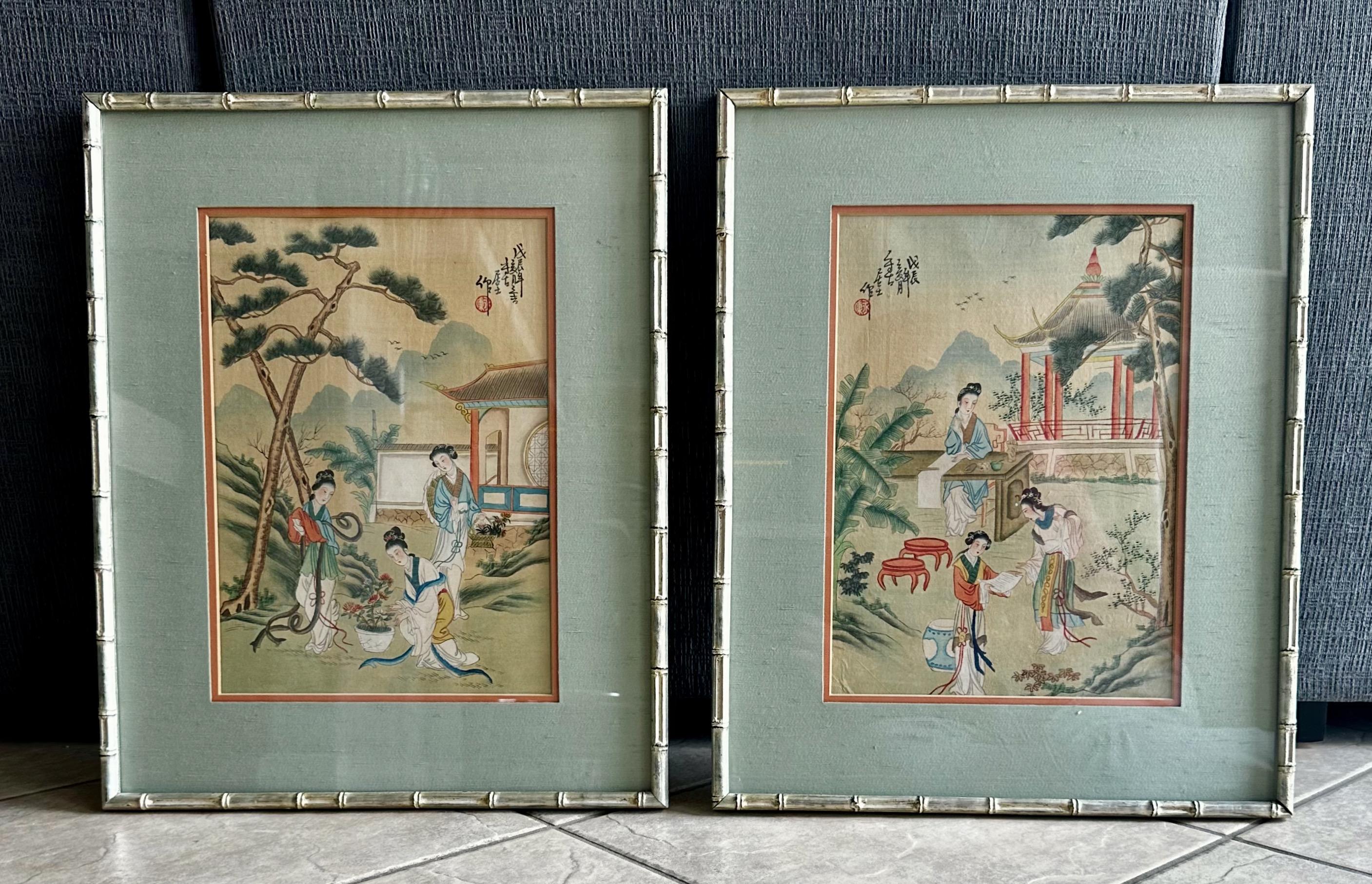 Pair Chinese Silk Watercolor 1920s Framed Paintings 6