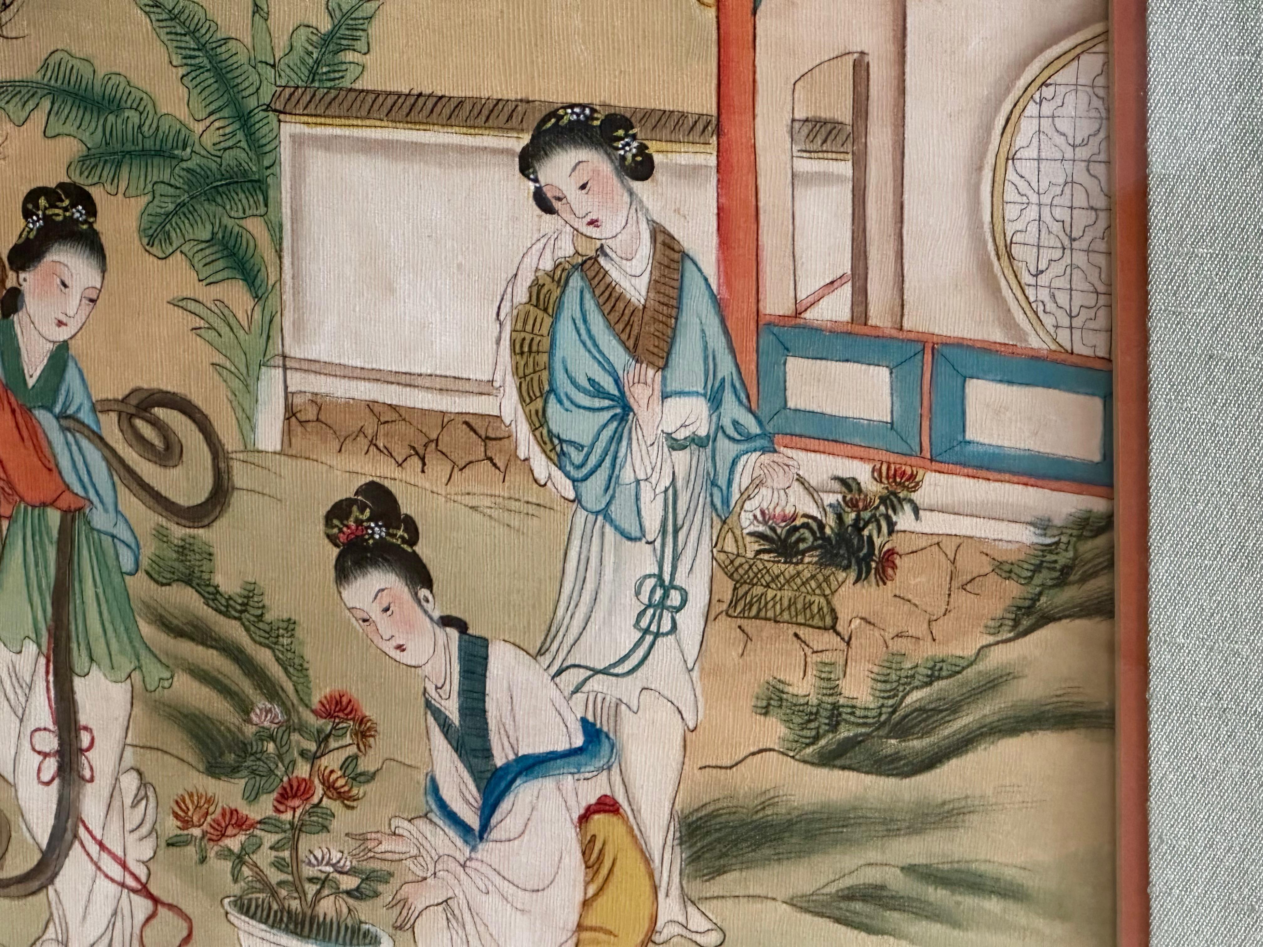Pair Chinese Silk Watercolor 1920s Framed Paintings 8
