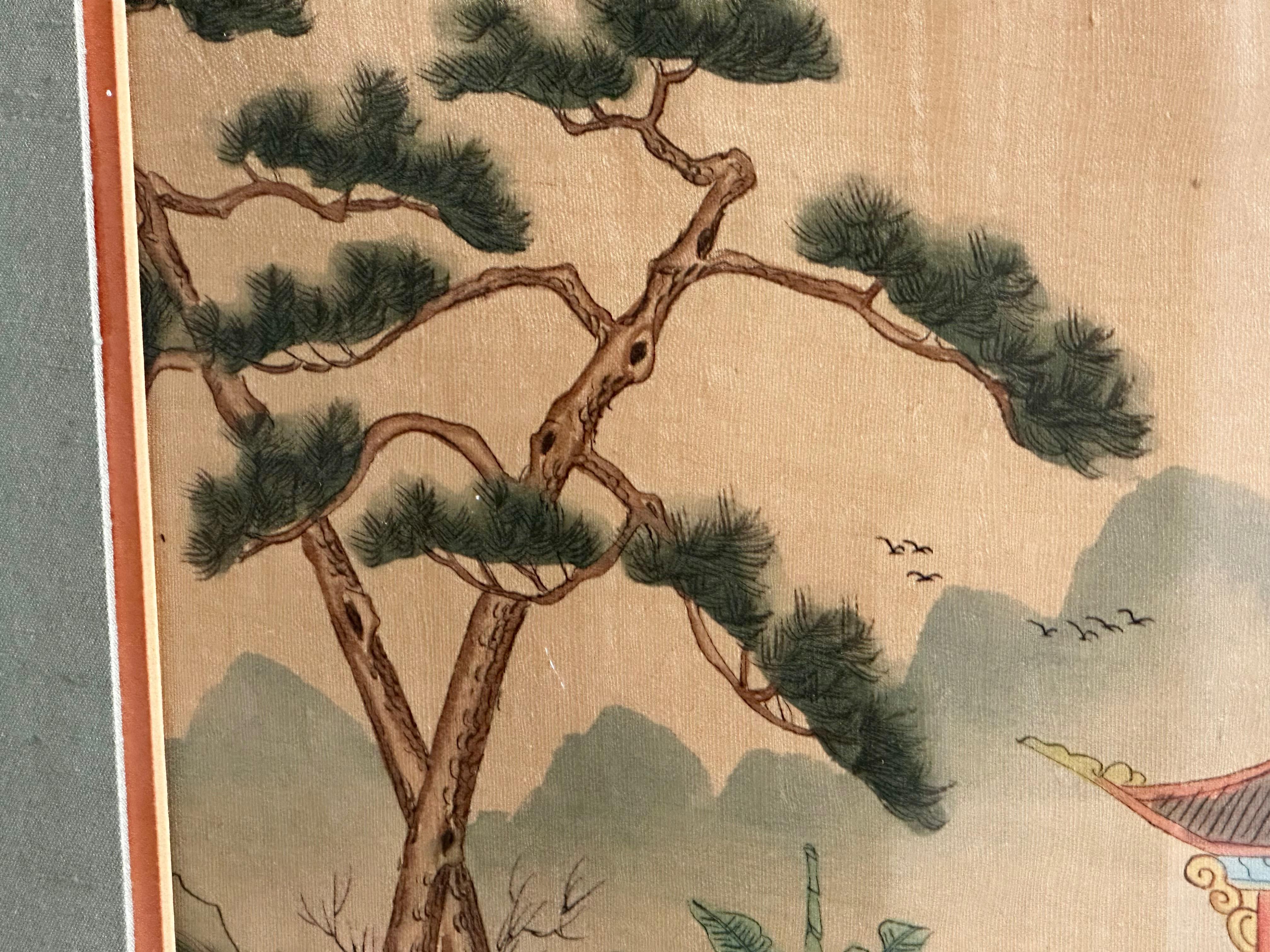 Pair Chinese Silk Watercolor 1920s Framed Paintings 9