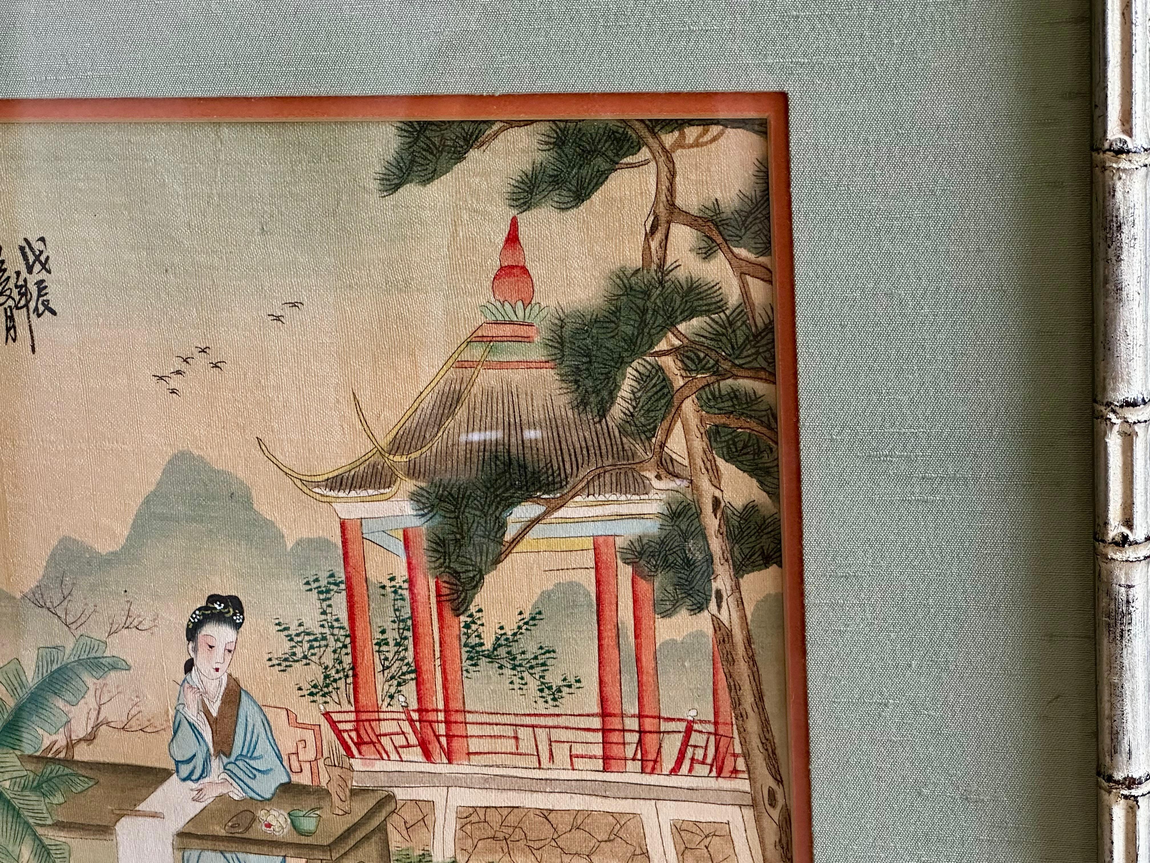 Pair Chinese Silk Watercolor 1920s Framed Paintings For Sale 11