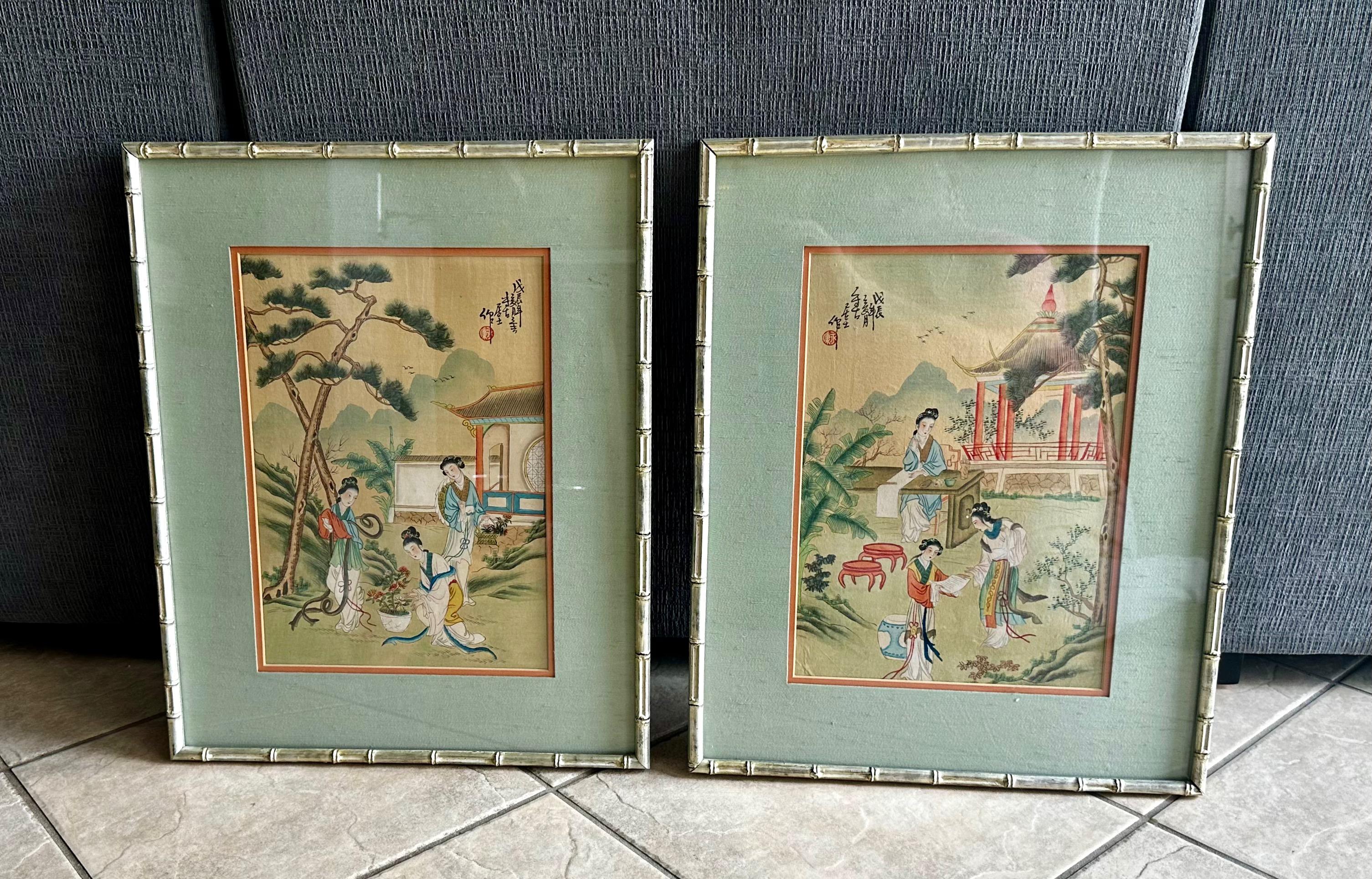 Pair Chinese Silk Watercolor 1920s Framed Paintings 16