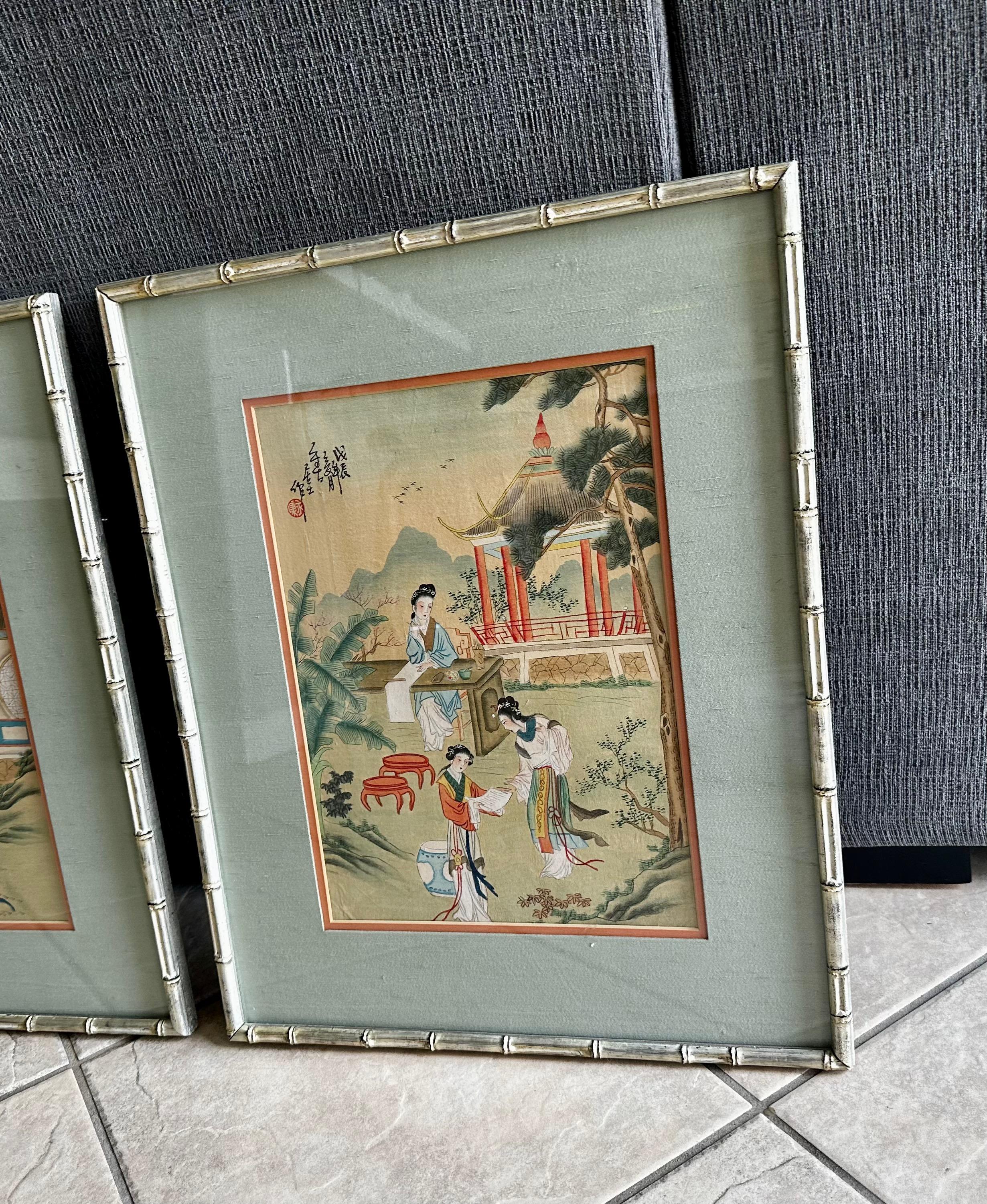 Pair Chinese Silk Watercolor 1920s Framed Paintings In Good Condition For Sale In Palm Springs, CA