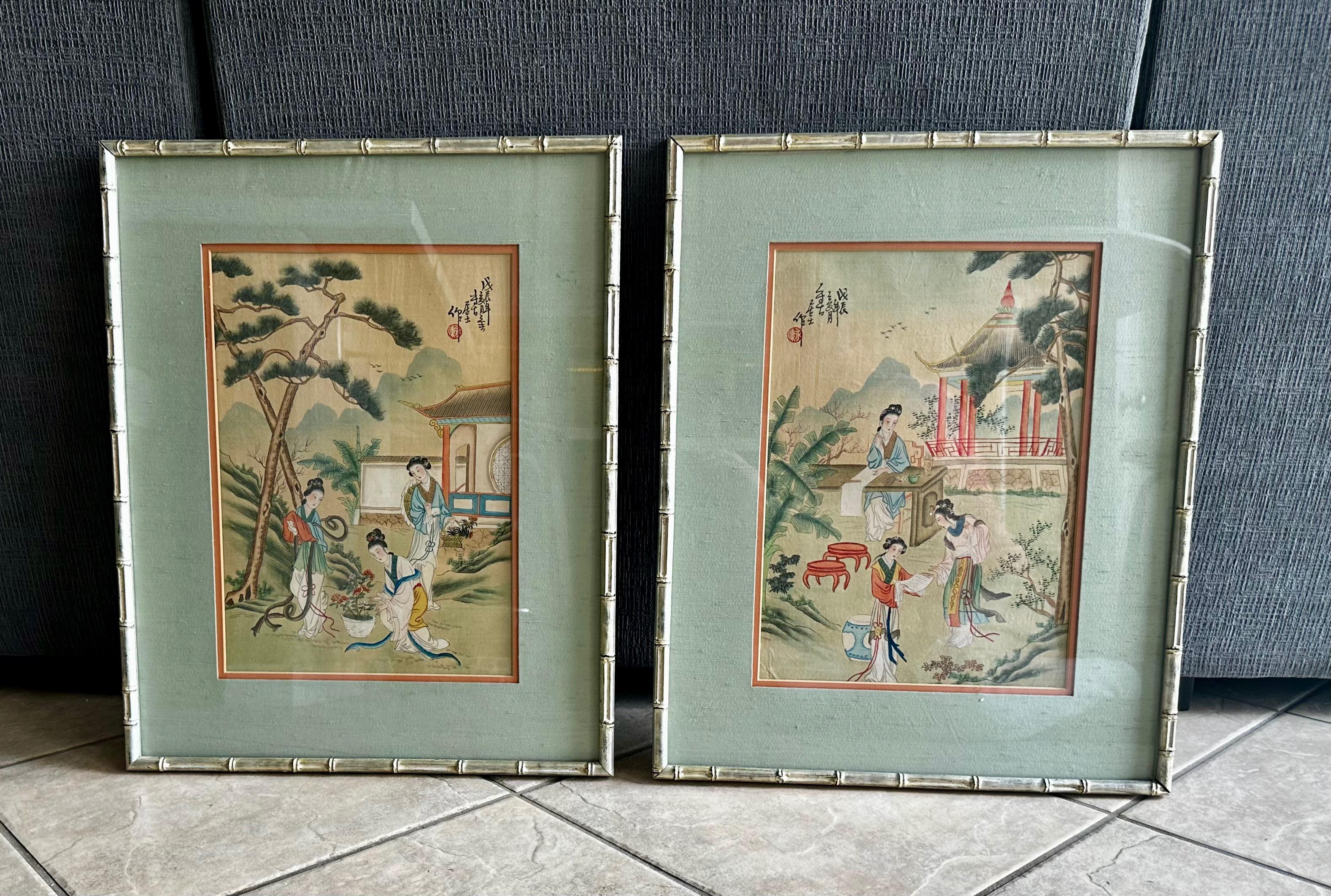 Early 20th Century Pair Chinese Silk Watercolor 1920s Framed Paintings For Sale