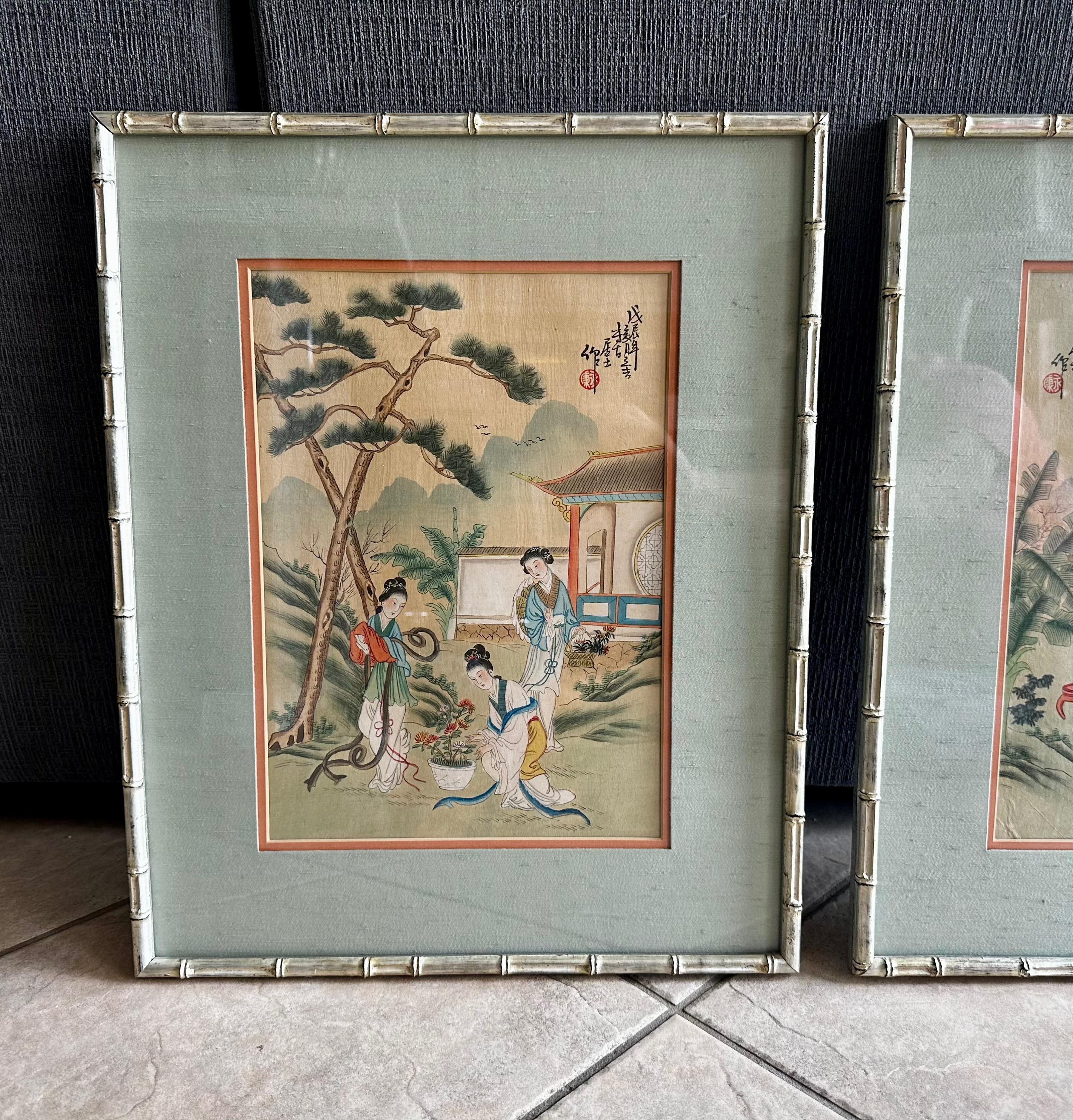 Pair Chinese Silk Watercolor 1920s Framed Paintings 1