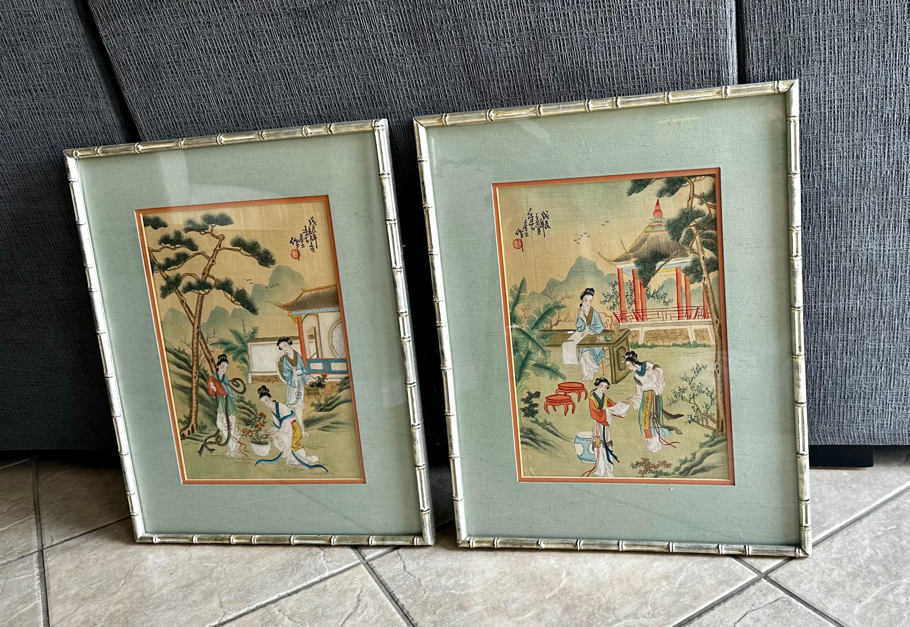 Pair Chinese Silk Watercolor 1920s Framed Paintings For Sale 2