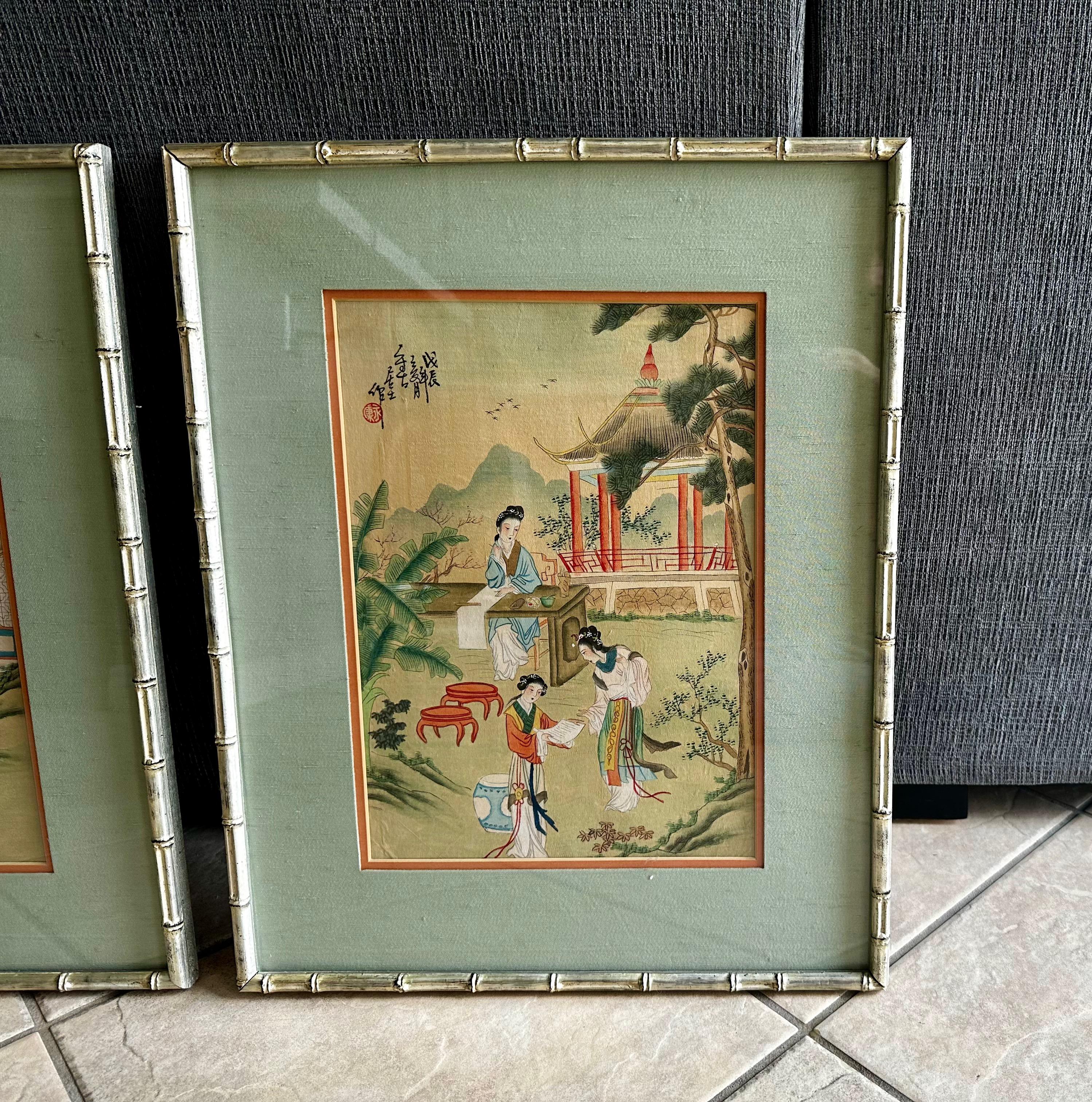 Pair Chinese Silk Watercolor 1920s Framed Paintings For Sale 3