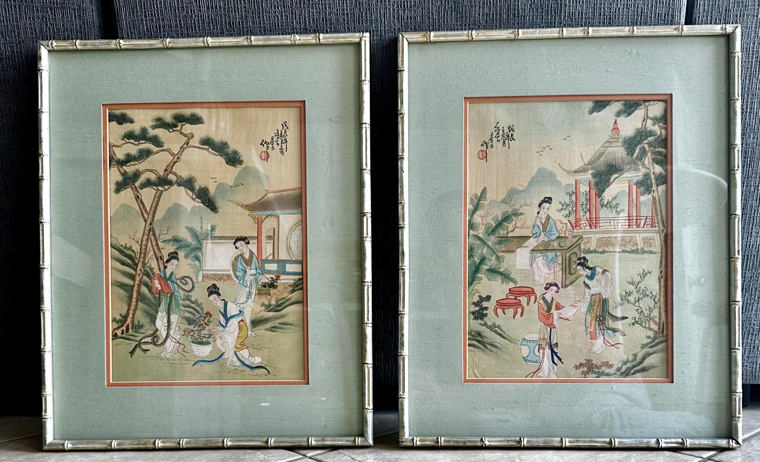 Pair Chinese Silk Watercolor 1920s Framed Paintings 4