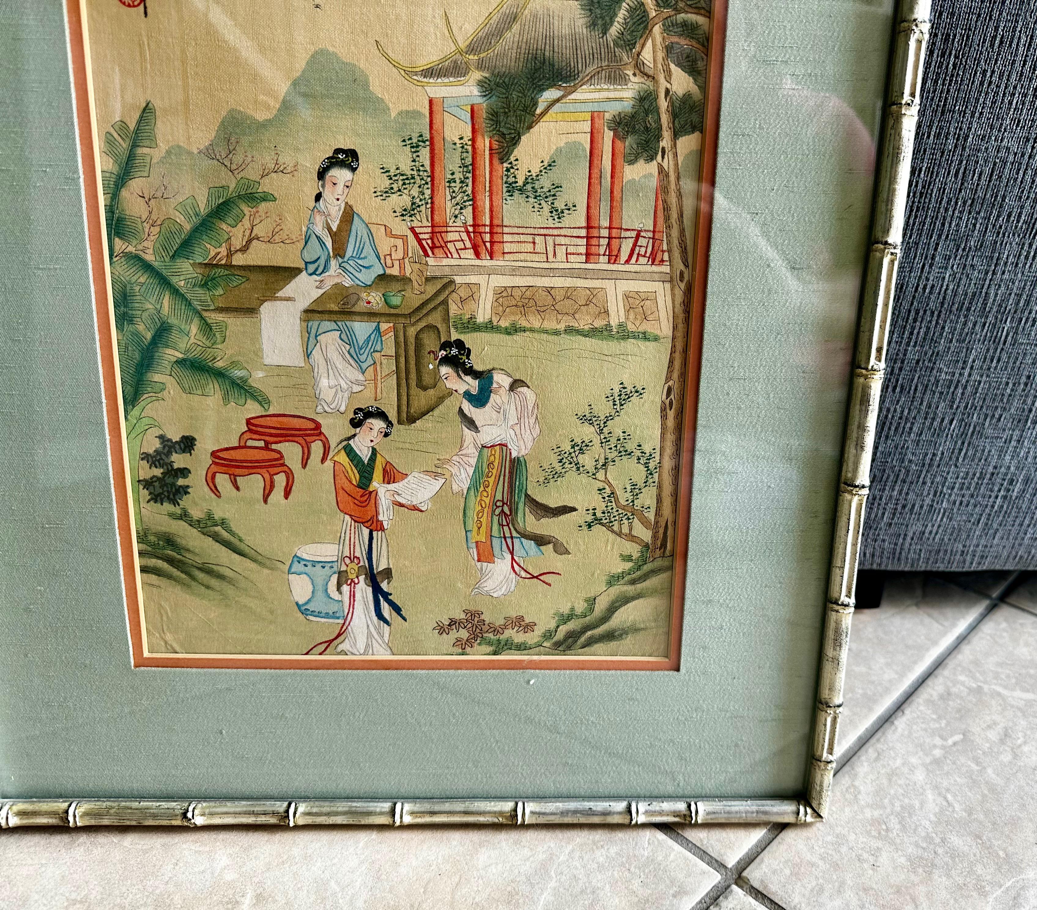 Pair Chinese Silk Watercolor 1920s Framed Paintings For Sale 5
