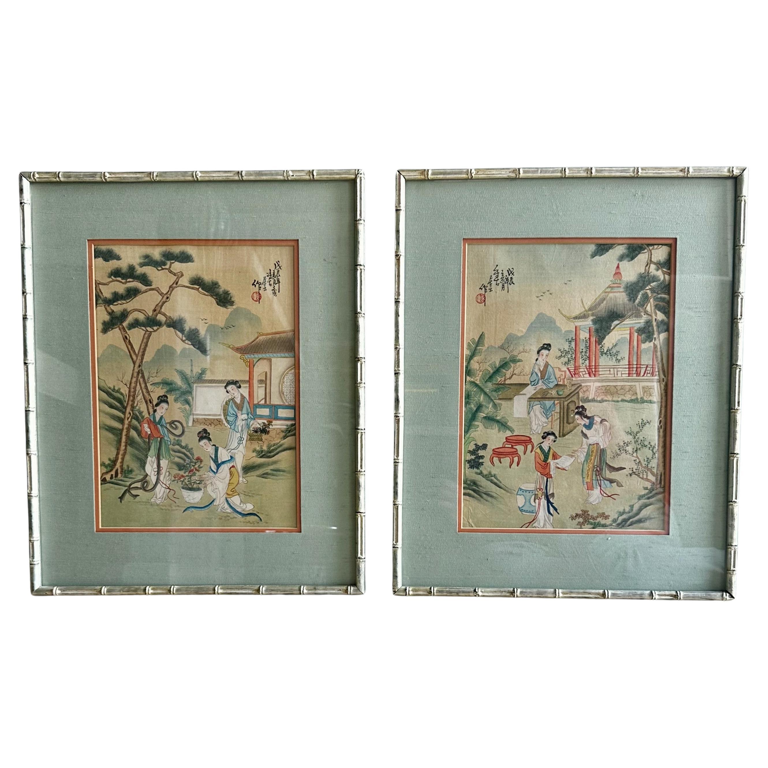 Pair Chinese Silk Watercolor 1920s Framed Paintings For Sale