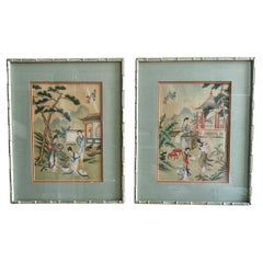 Antique Pair Chinese Silk Watercolor 1920s Framed Paintings