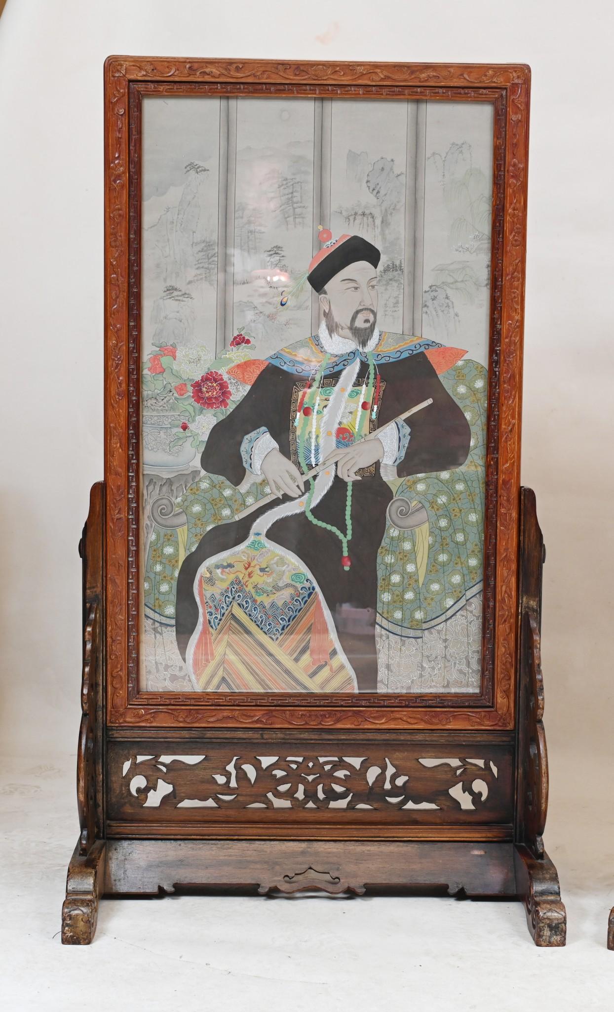 Pair Chinese Silk Woven Hardwood Screens Antique 1840 Qianlong Emperor For Sale 6