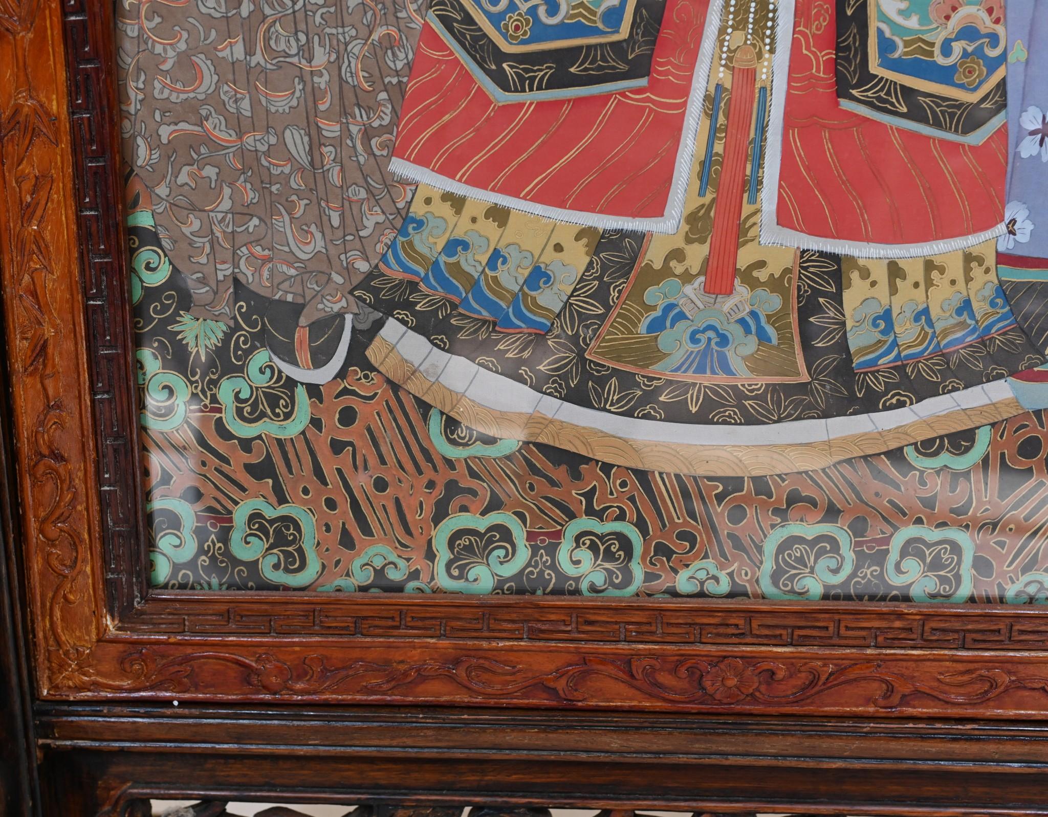Pair Chinese Silk Woven Hardwood Screens Antique 1840 Qianlong Emperor In Good Condition For Sale In Potters Bar, GB