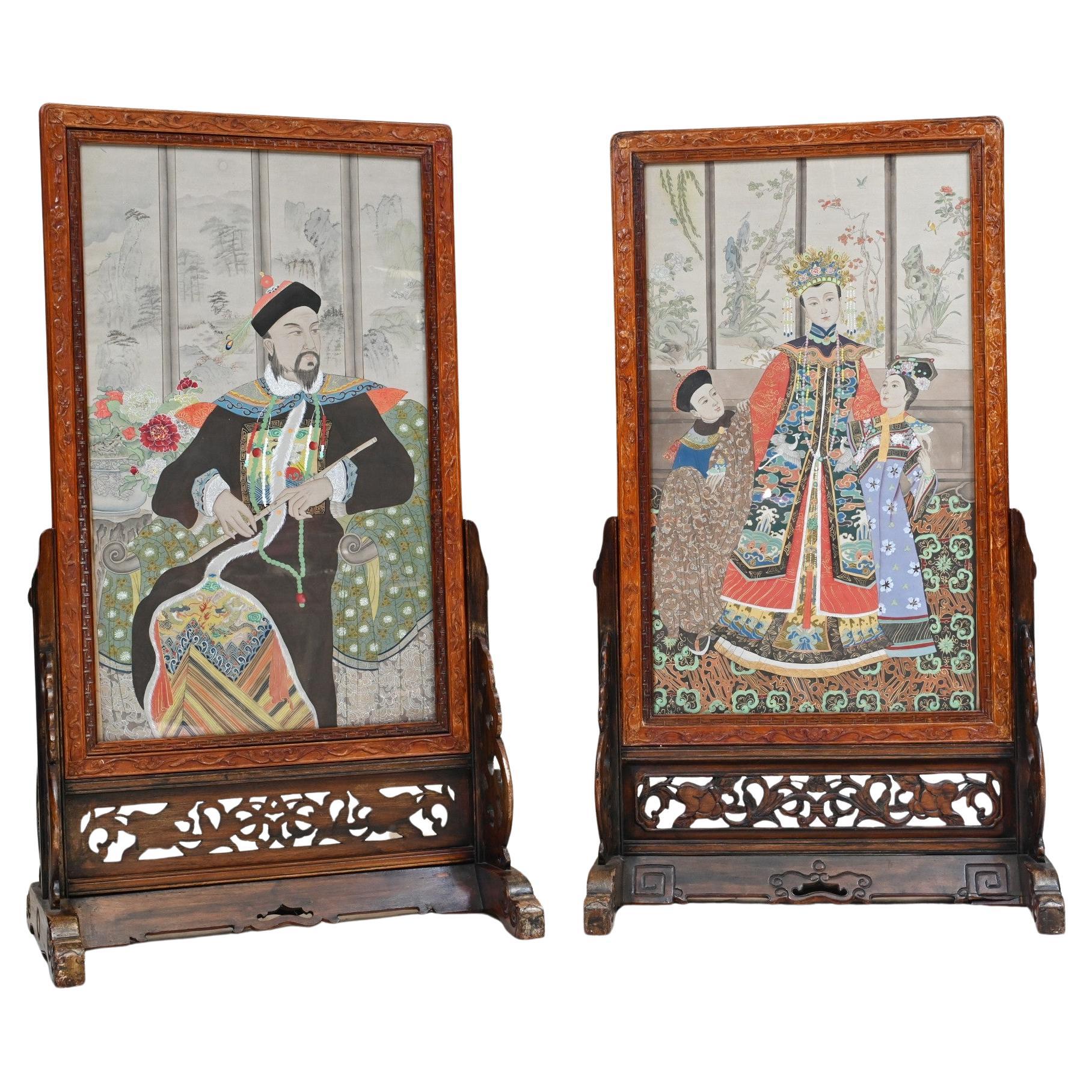 Pair Chinese Silk Woven Hardwood Screens Antique 1840 Qianlong Emperor For Sale