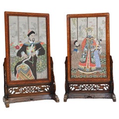 Paire de paravents chinois en bois dur tissé de soie, ancien empereur Qianlong de 1840