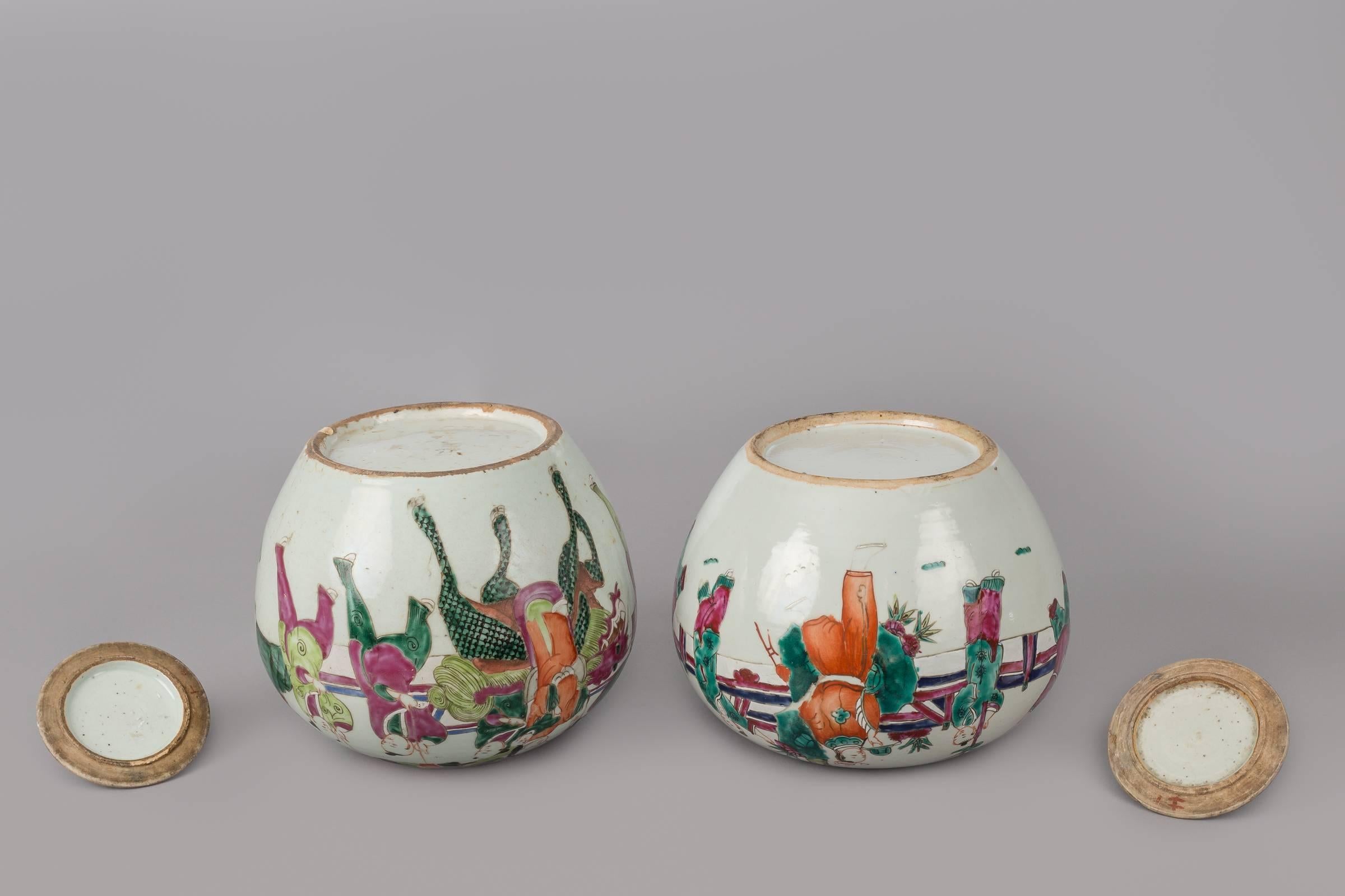 Porcelain Pair of Chinese Squat Vases with Lids