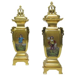 Pair of Chinese, French Gilt Bronze Ormolu Hand Painted Urns Vases 19th Century