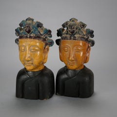 Pair Chinese Terracotta Buddha Busts on Wood Plinths 20th C