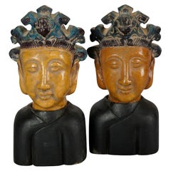 Pair Chinese Terracotta Buddha Busts on Wood Plinths 20th C