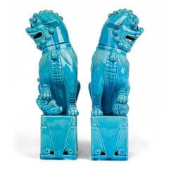 Pair of Chinese Turquoise Ceramic Dogs of Foo 20th Century