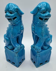 Pair Chinese Turquoise Glazed Foo Dogs Guardian Lions 12.5”