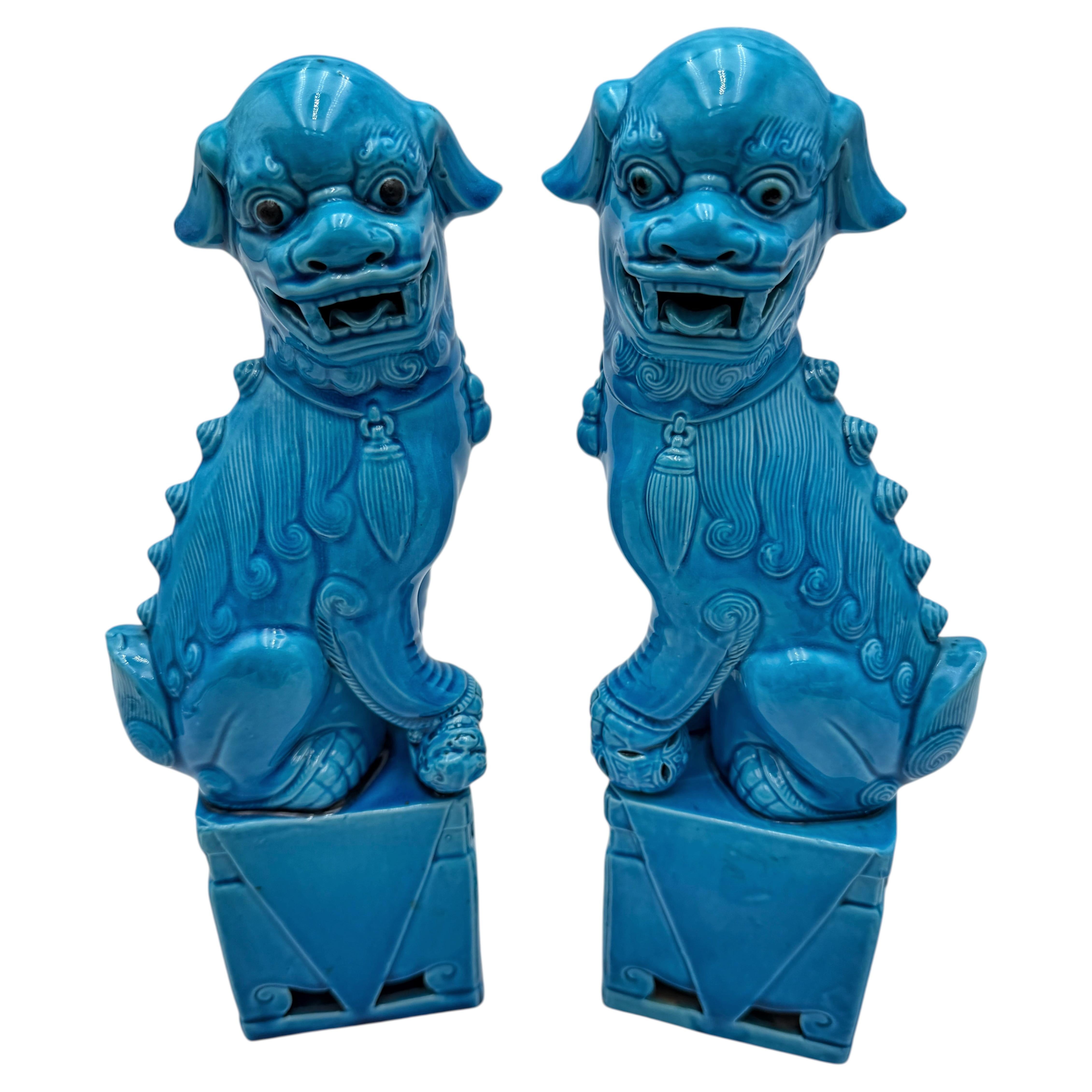 Pair Chinese Turquoise Glazed Foo Dogs Guardian Lions 12.5”