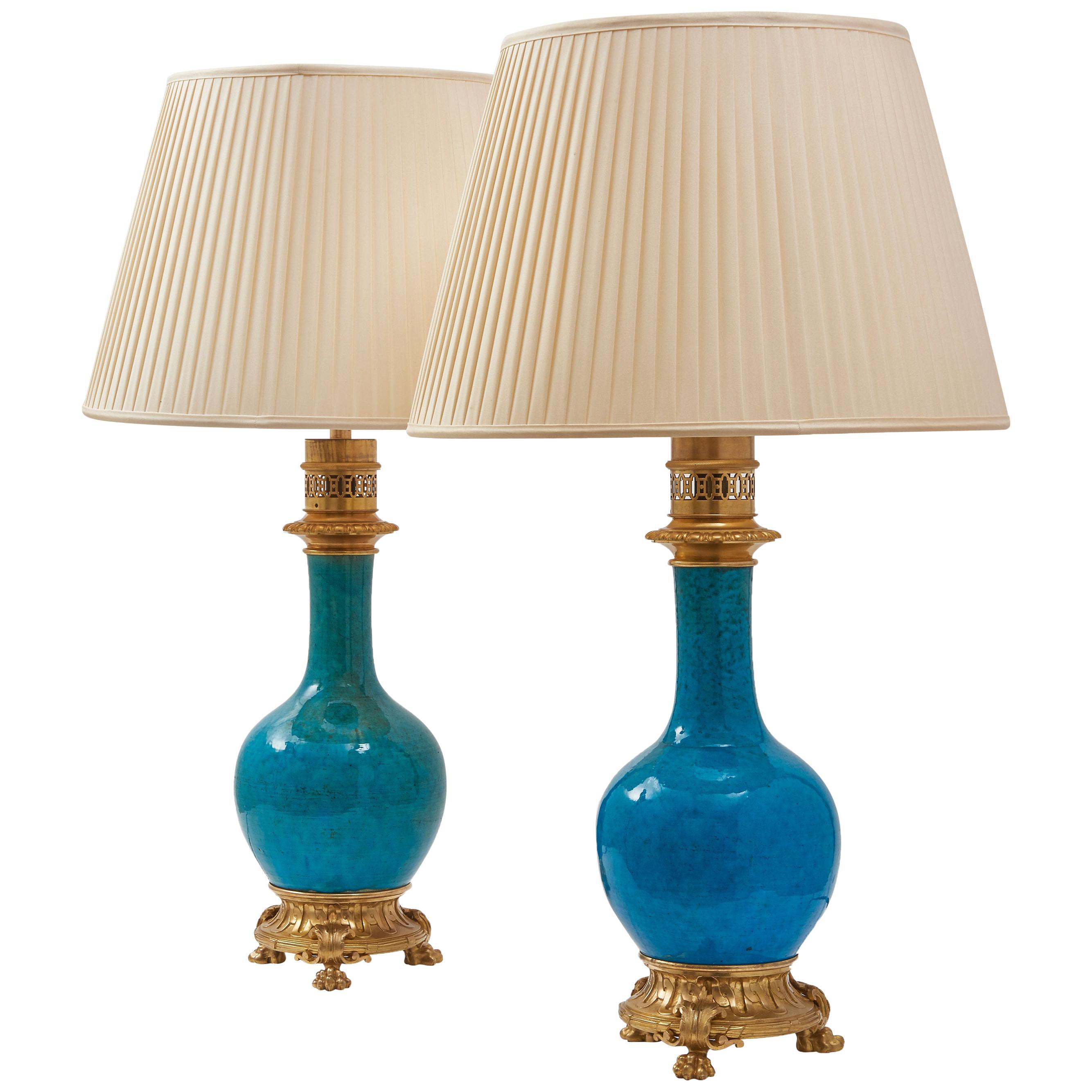 Pair of Chinese Turquoise Monochrome Porcelain Lamps, circa 1880 For Sale